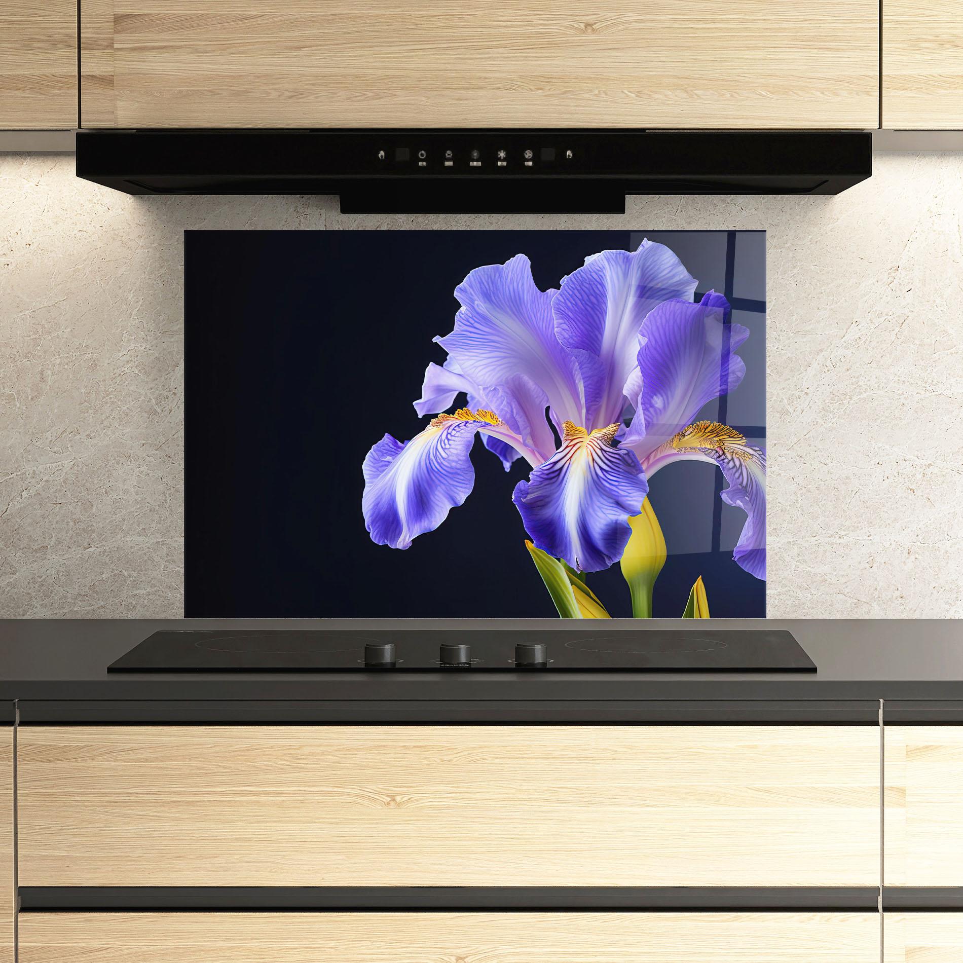 Panou Sticla Bucatarie Purple Iris On Black mockup 3