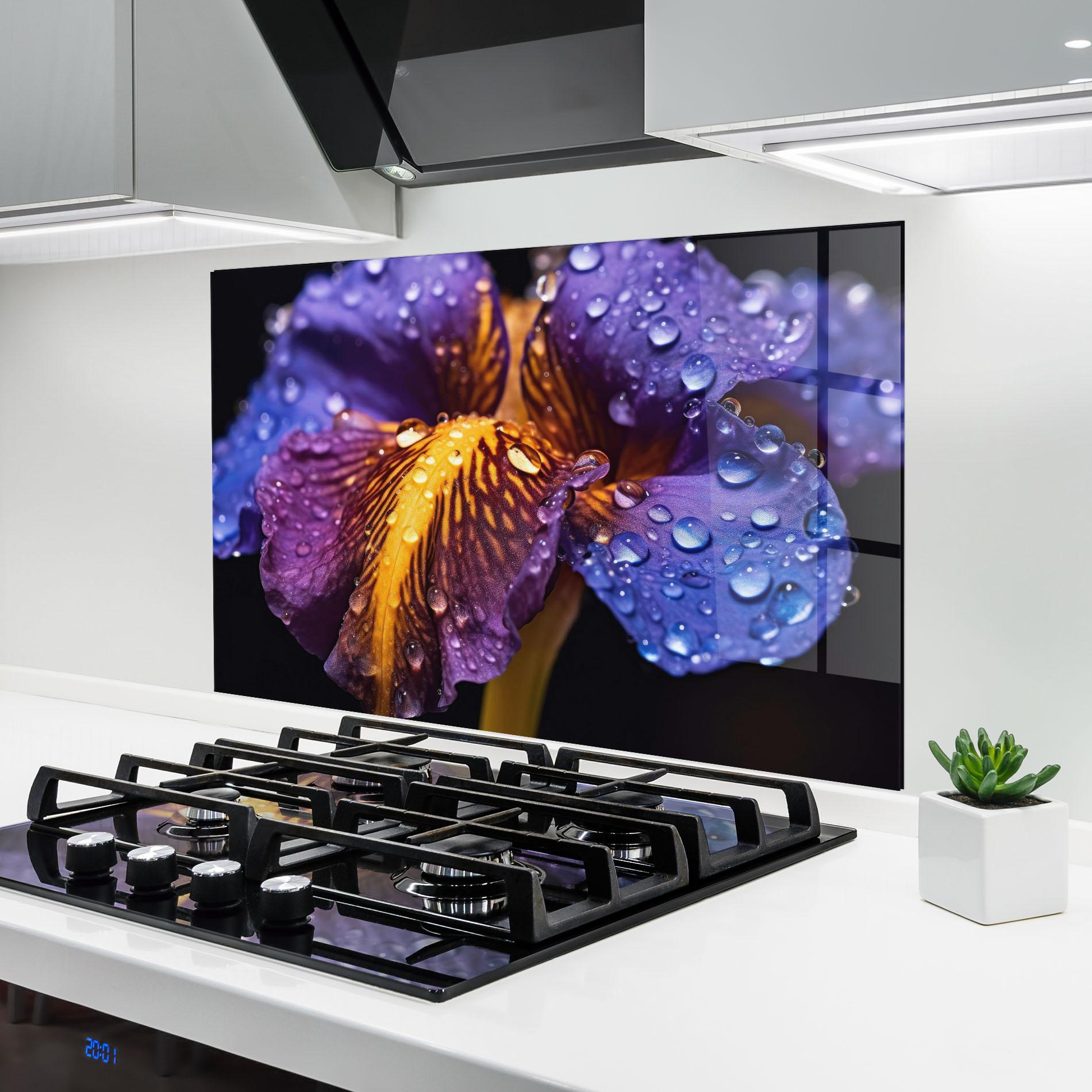 Panou Sticla Bucatarie Close Up Iris After Rain mockup 6