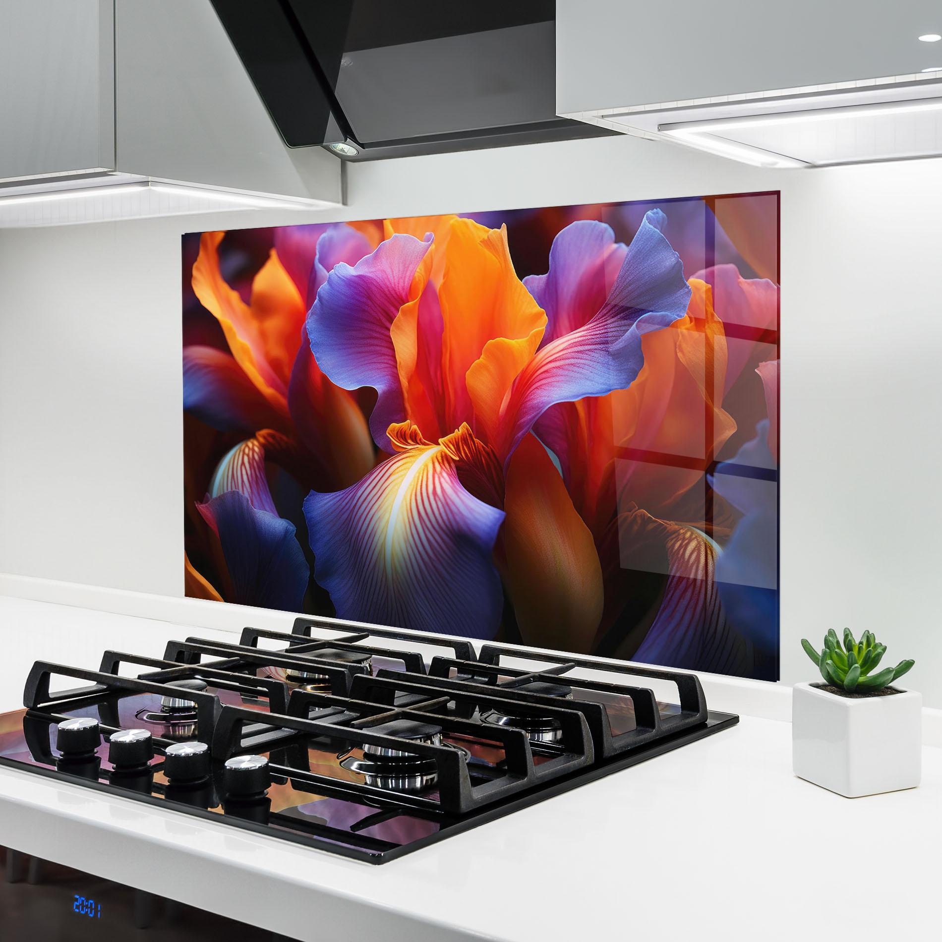 Panou Sticla Bucatarie Orange Purple Iris mockup 6