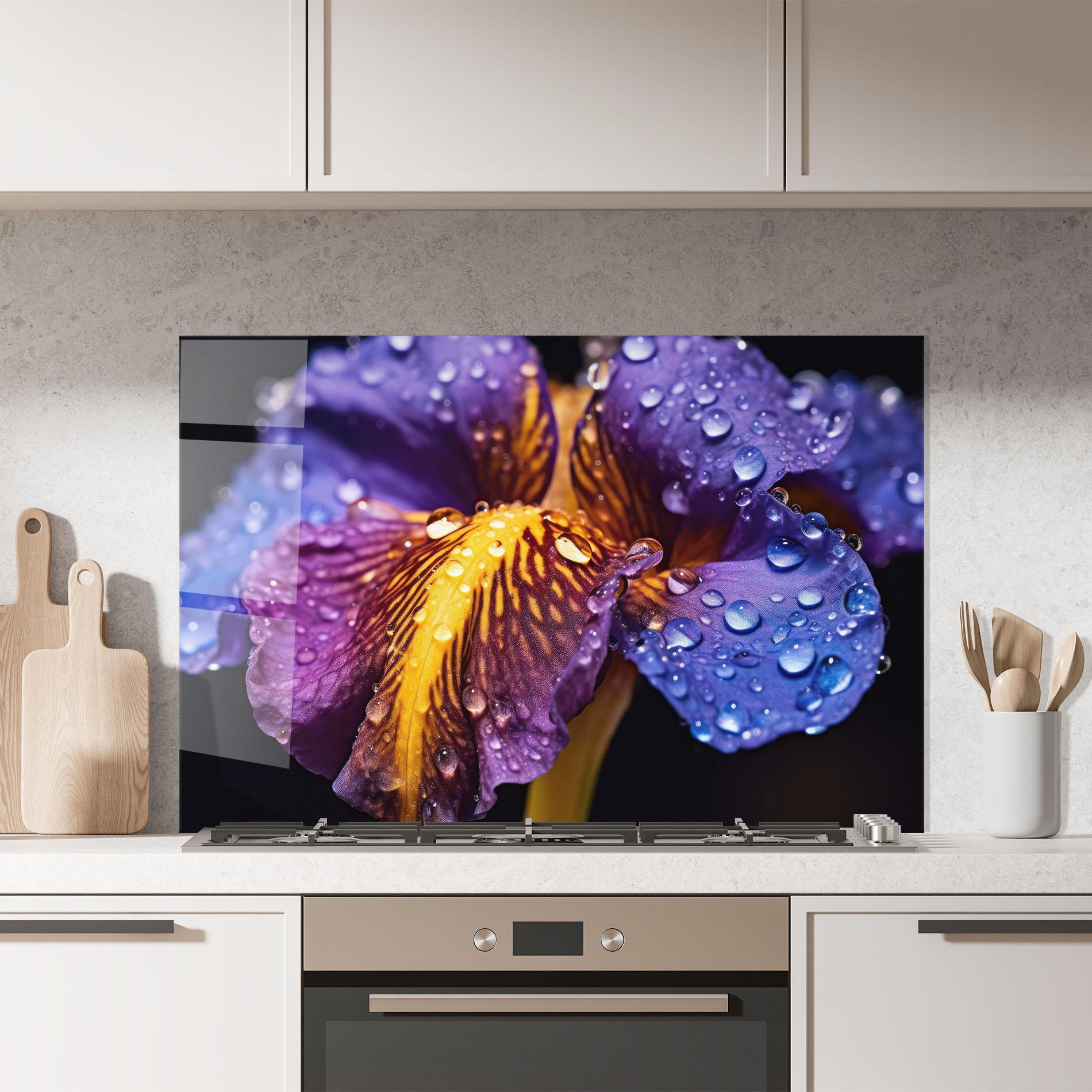 Panou Sticla Bucatarie Close Up Iris After Rain mockup 7