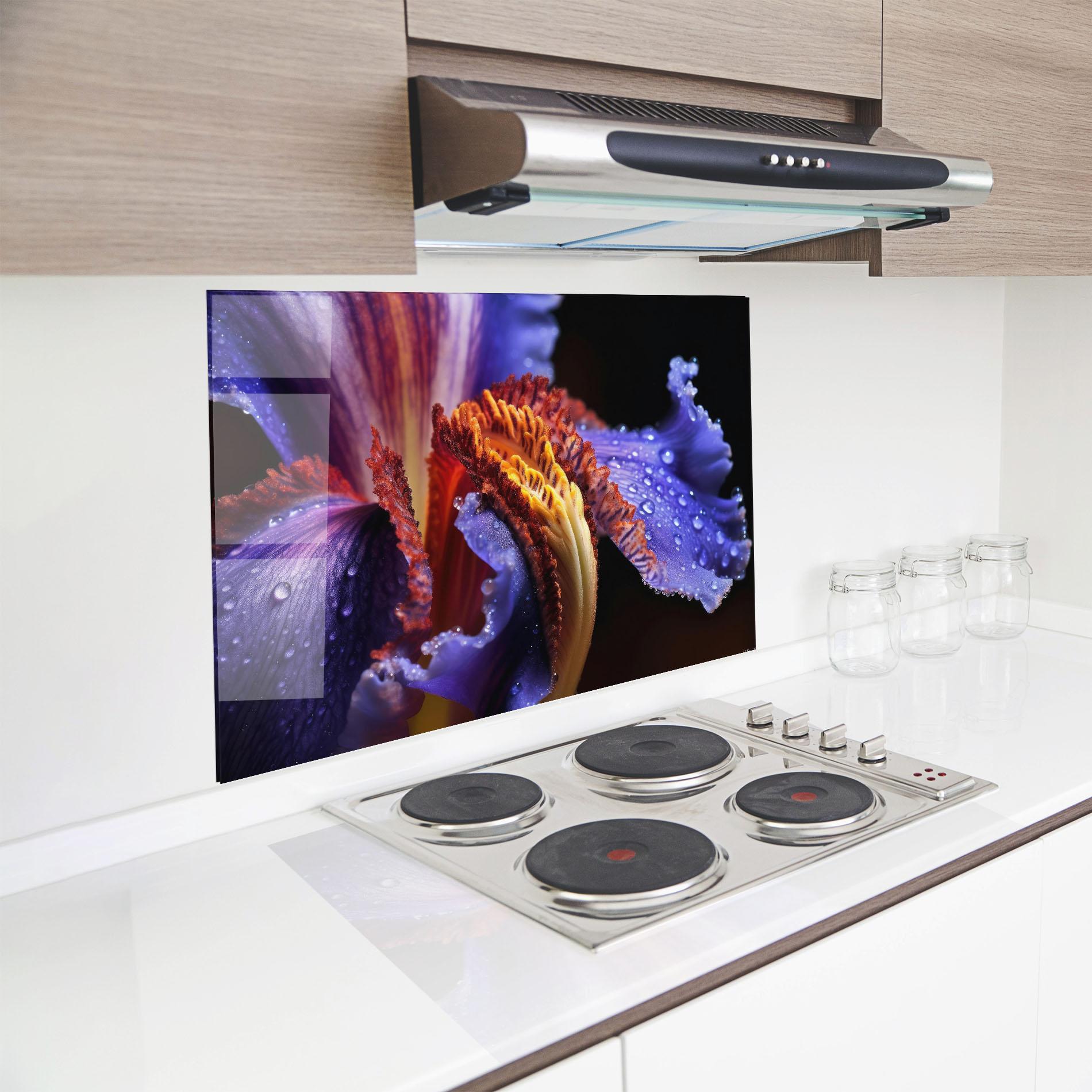 Panou Sticla Bucatarie Close Up Blue Iris After Rain mockup 8