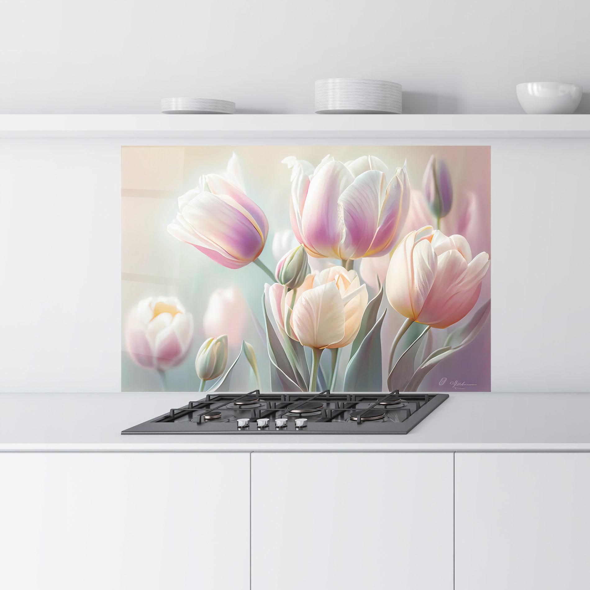 Panou Sticla Bucatarie Dreamy White Tulips mockup 9