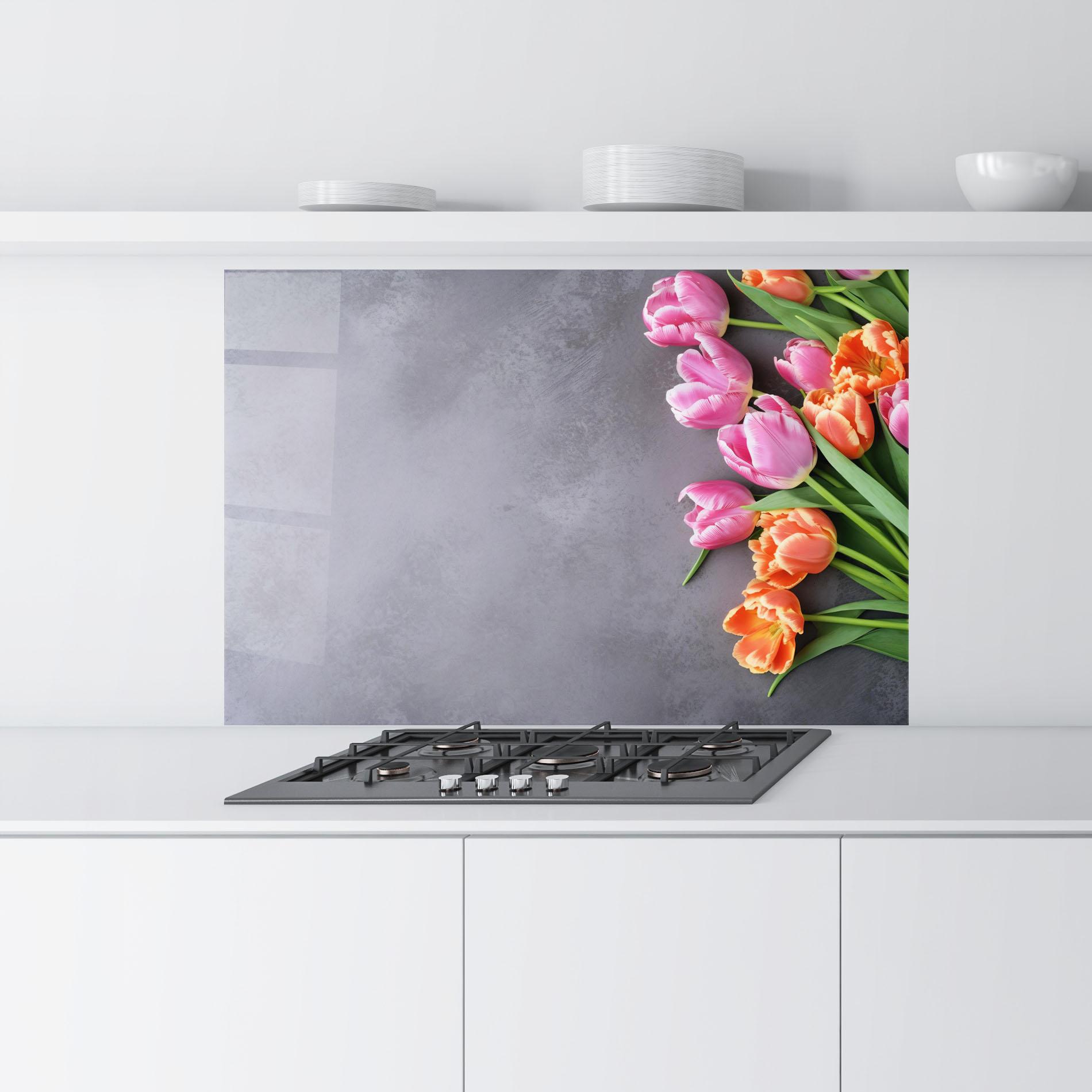 Panou Sticla Bucatarie Light Orange Pink Tulips mockup 9