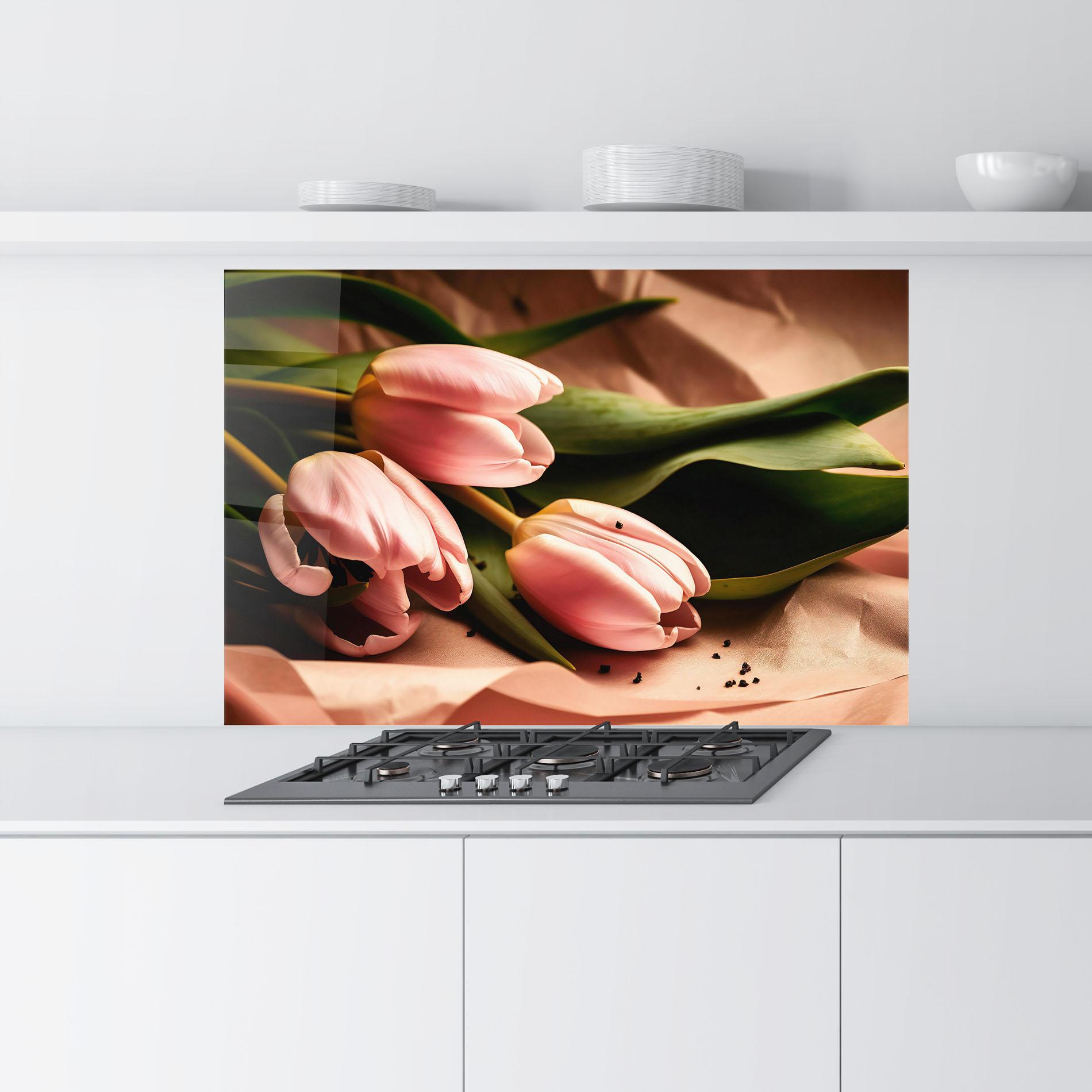 Panou Sticla Bucatarie Pink Tulips With Leafs mockup 9