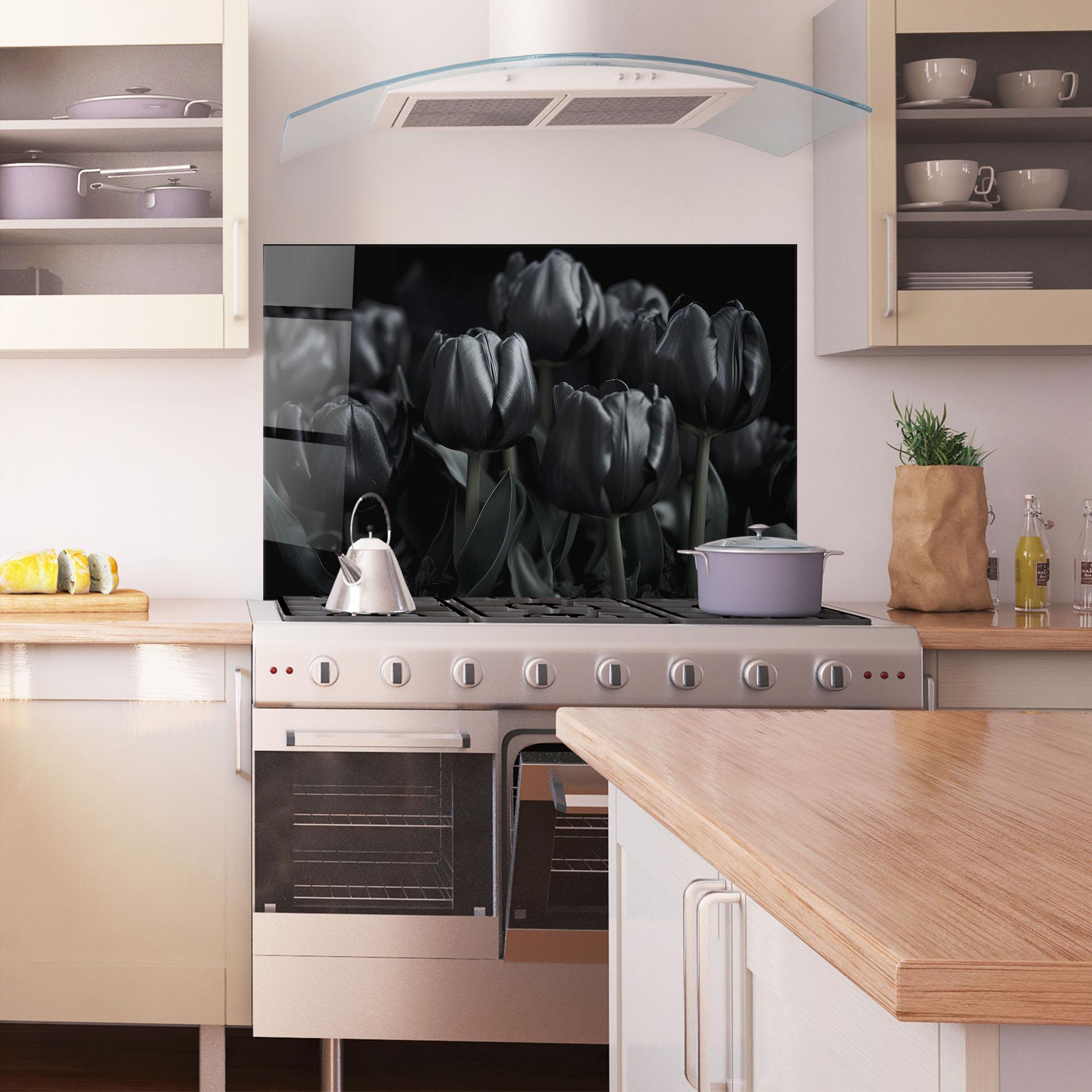 Panou Sticla Bucatarie Black Tulips mockup 1
