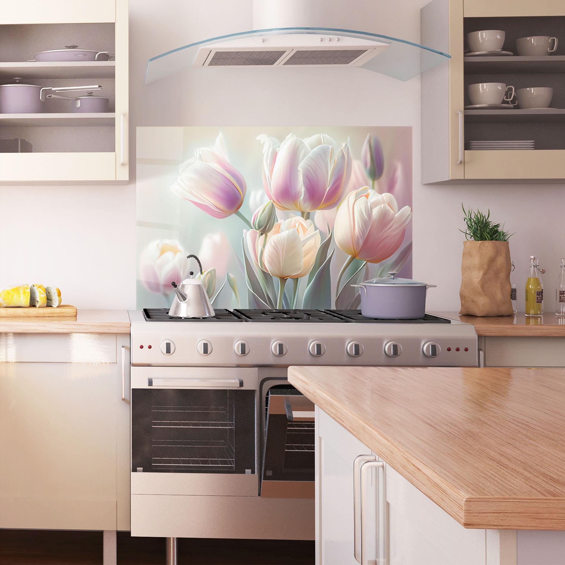 Panou Sticla Bucatarie Dreamy White Tulips mockup 1
