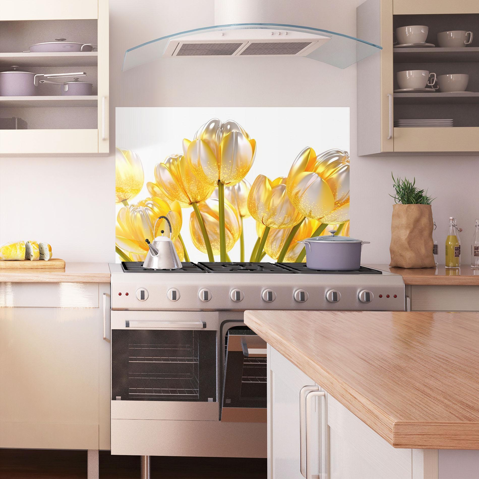 Panou Sticla Bucatarie Gold White Tulips mockup 1