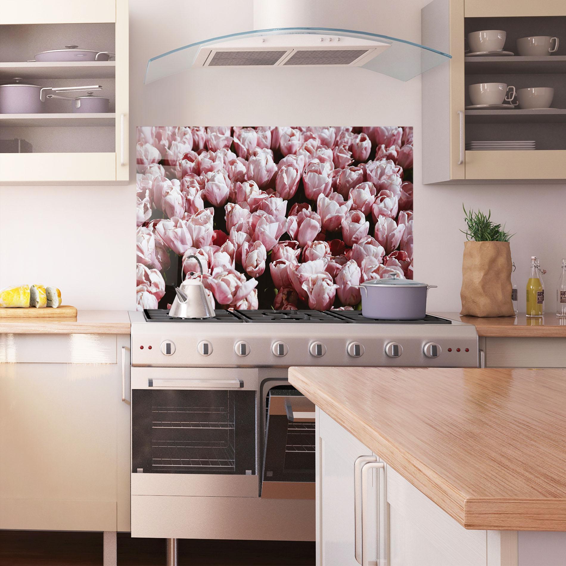 Panou Sticla Bucatarie Pastel Pink Tulips Wall mockup 1