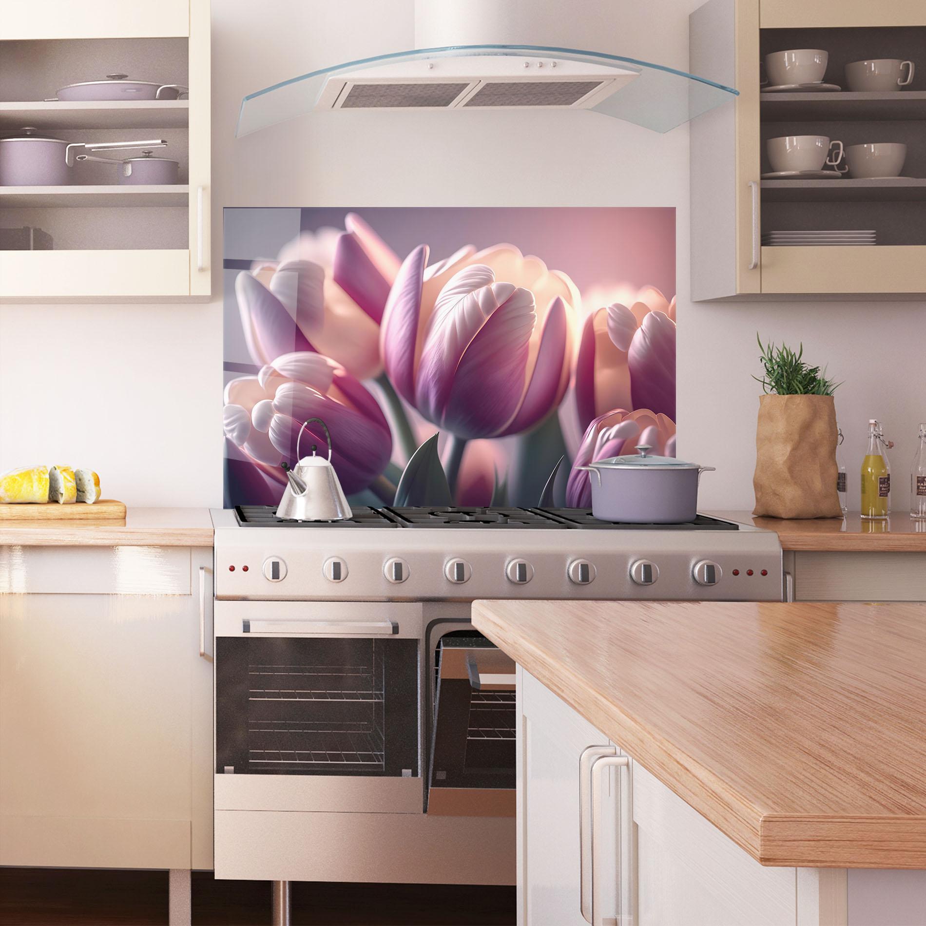 Panou Sticla Bucatarie Pastel Pink Tulips mockup 1