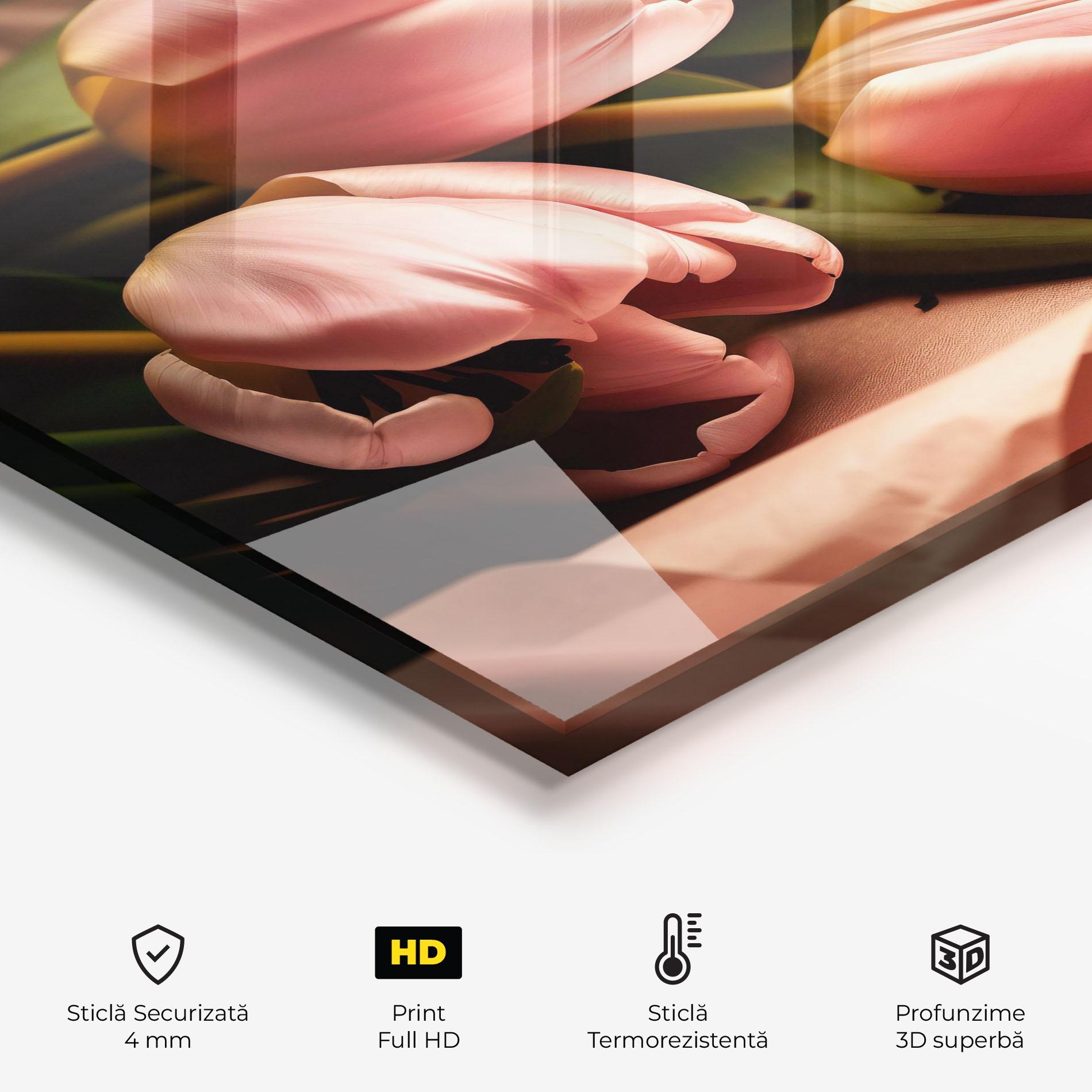 Panou Sticla Bucatarie Pink Tulips With Leafs mockup 2