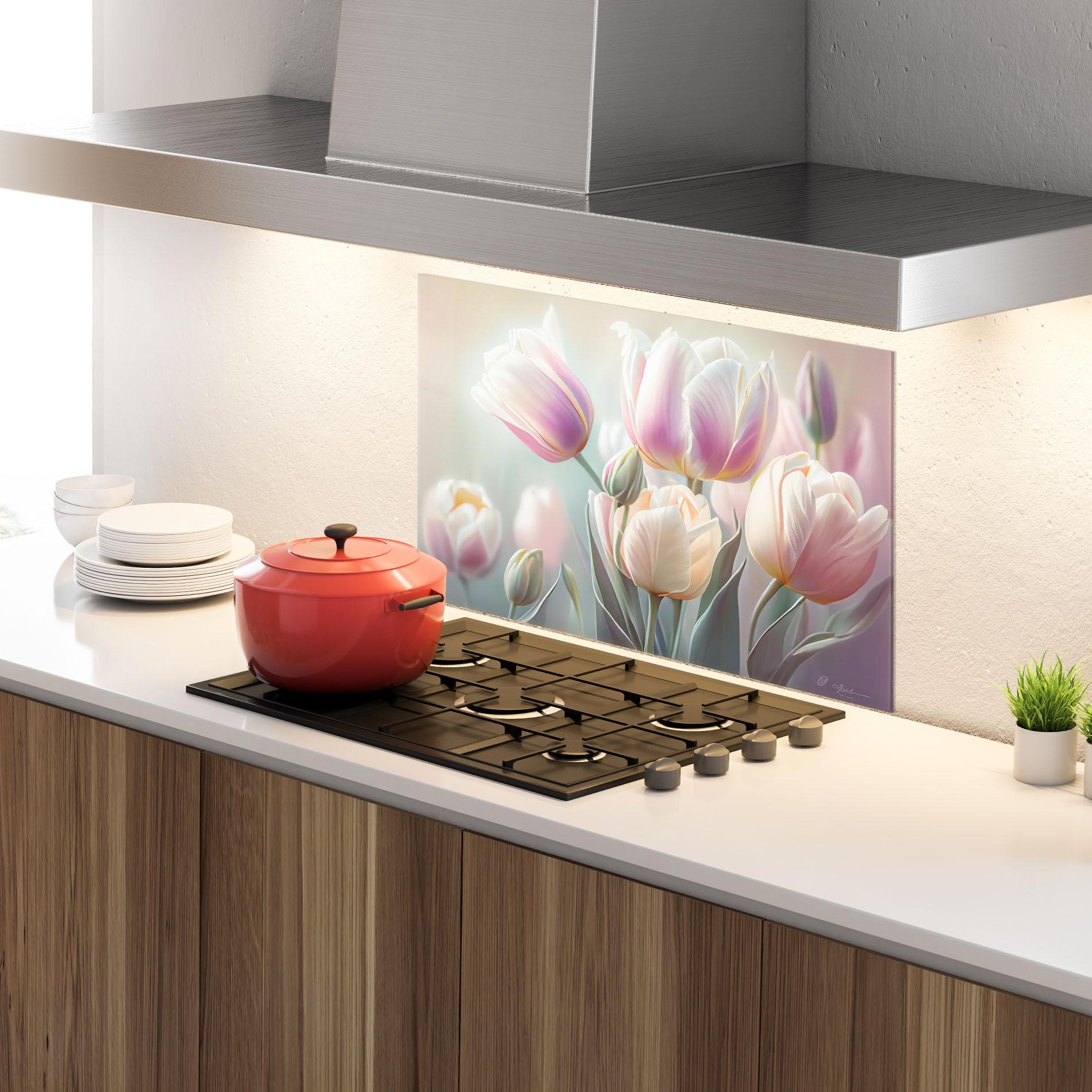 Panou Sticla Bucatarie Dreamy White Tulips mockup 4