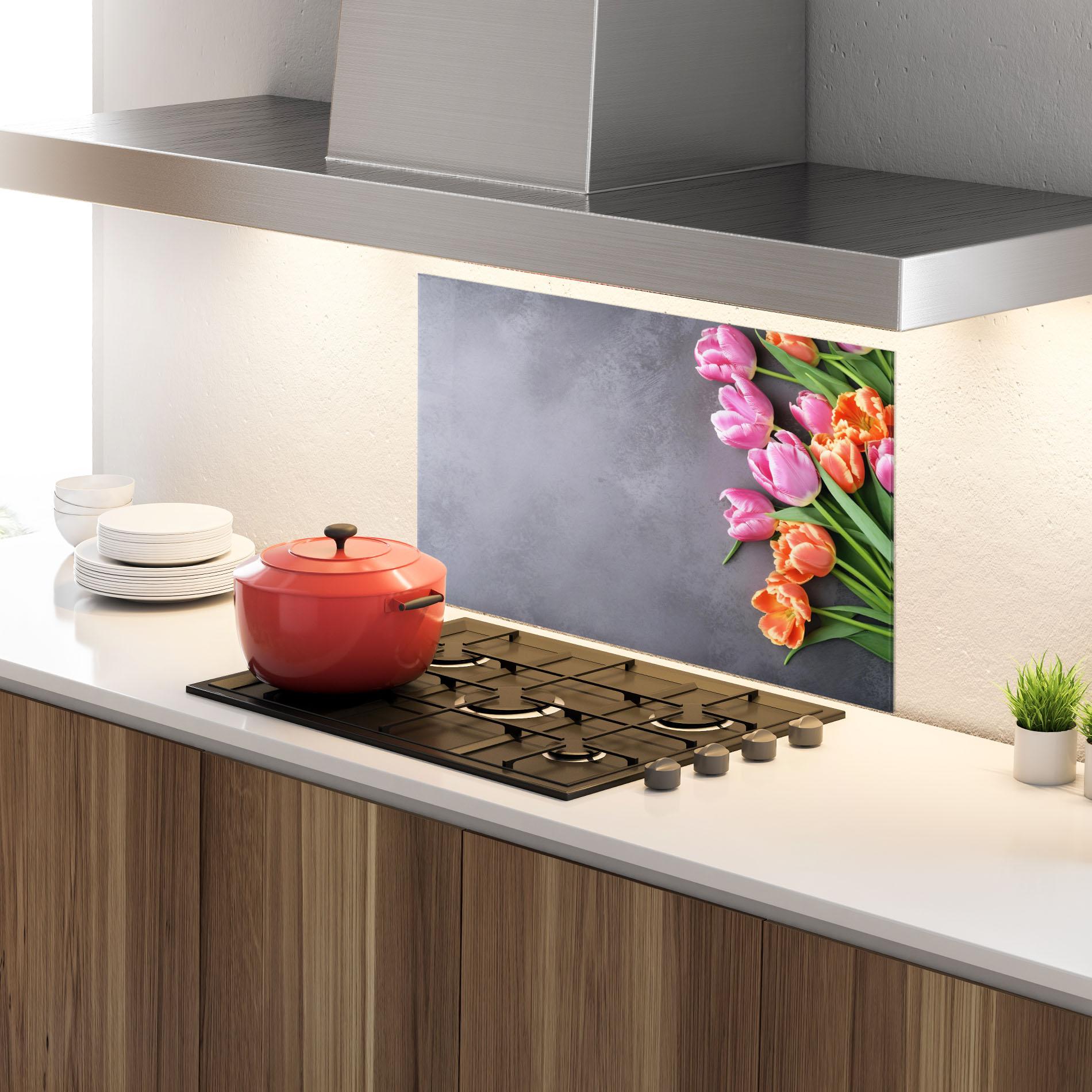 Panou Sticla Bucatarie Light Orange Pink Tulips mockup 4