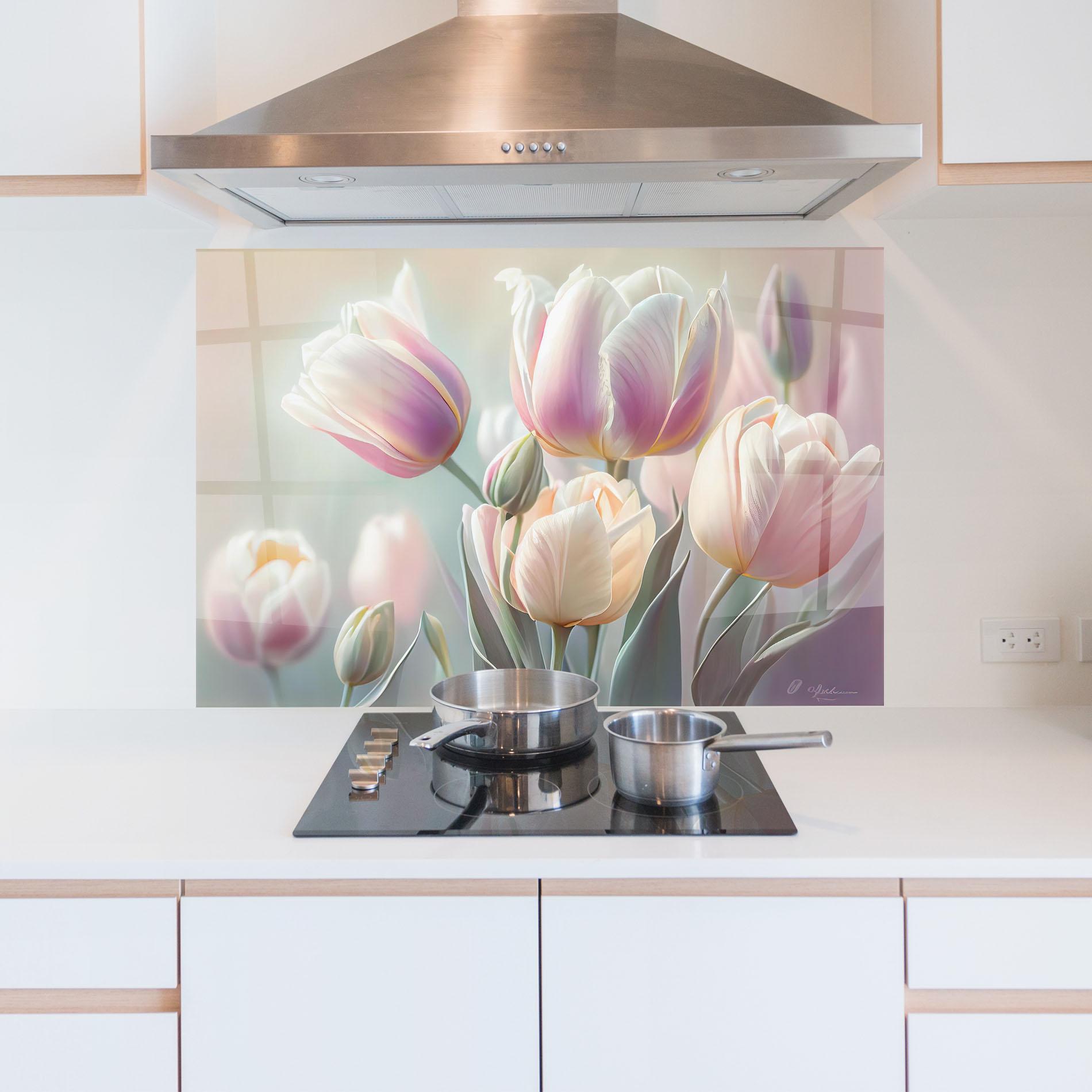 Panou Sticla Bucatarie Dreamy White Tulips mockup 5