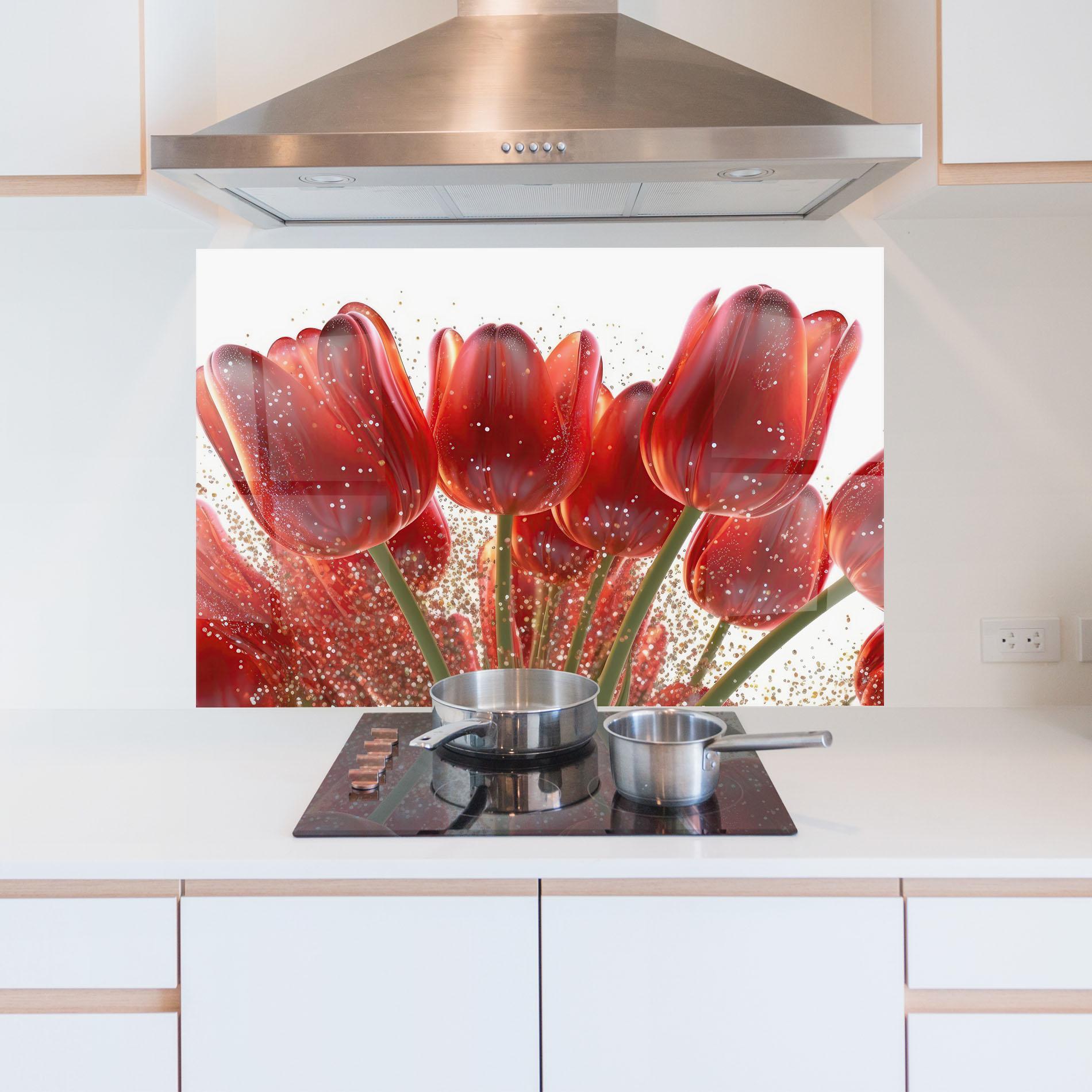 Panou Sticla Bucatarie Glitter Red Tulips mockup 5