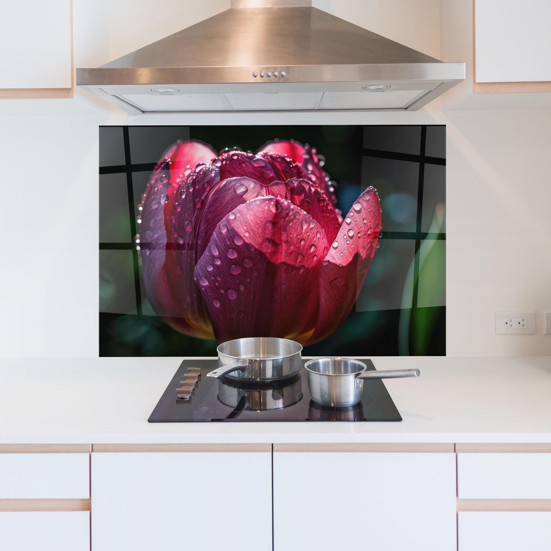 Panou Sticla Bucatarie Pink Tulip After Rain mockup 5