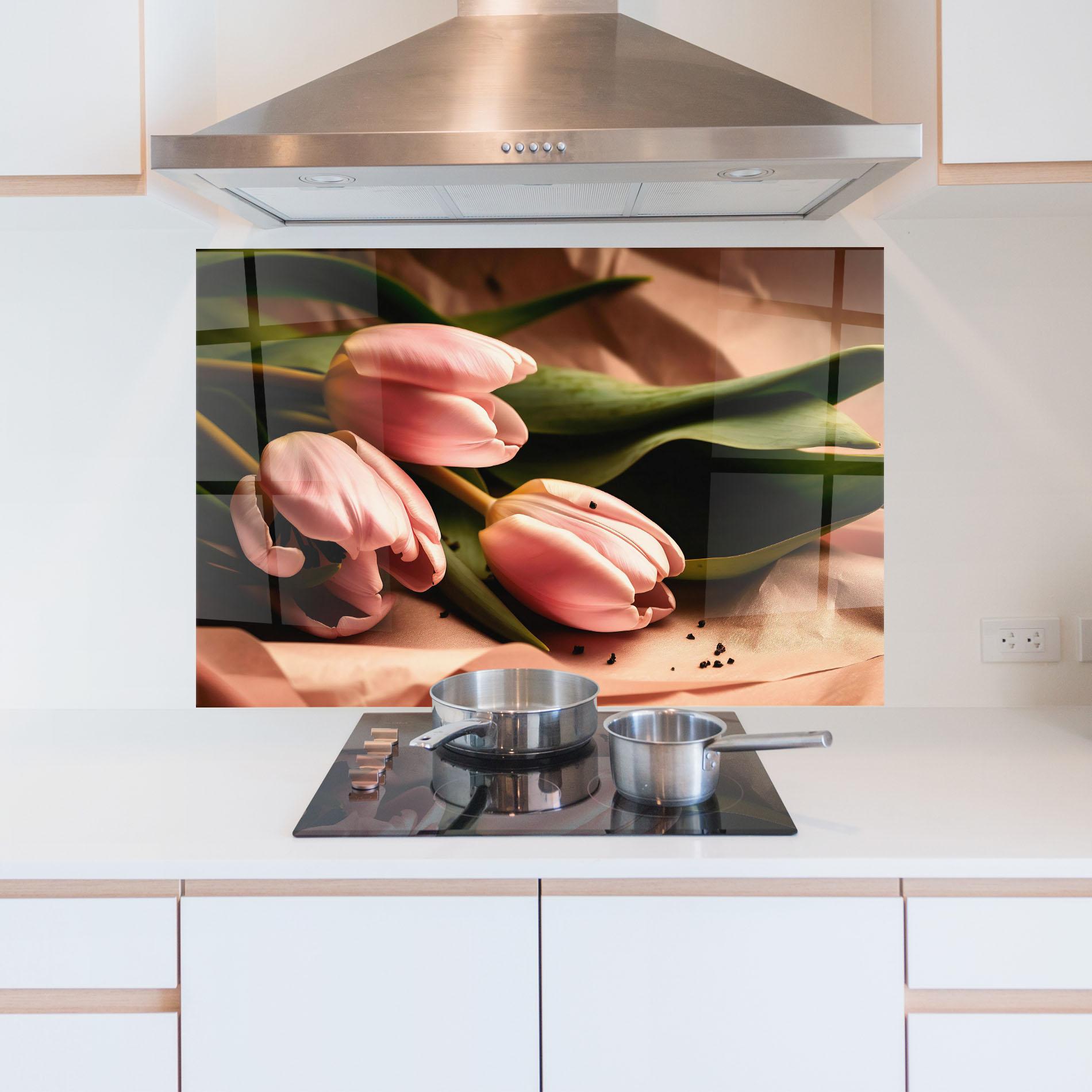 Panou Sticla Bucatarie Pink Tulips With Leafs mockup 5