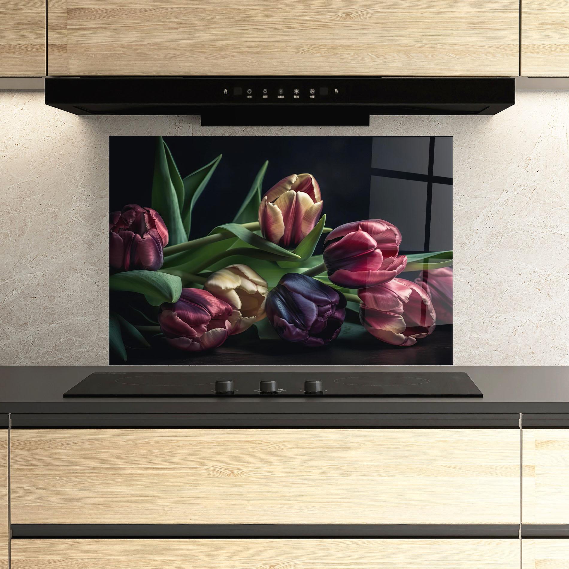 Panou Sticla Bucatarie Dark Purple Tulip mockup 3