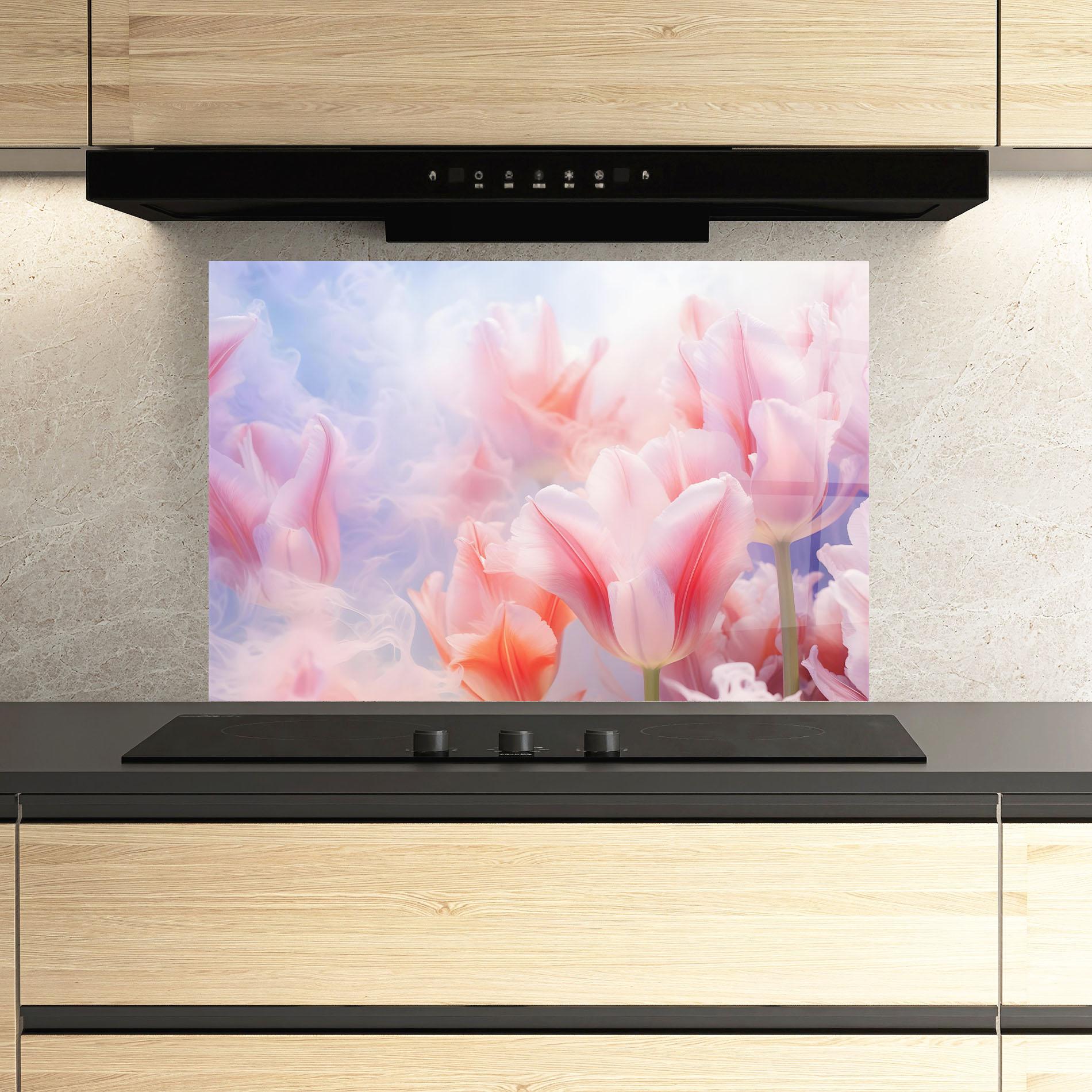 Panou Sticla Bucatarie Dreamy Pink Tulips mockup 3