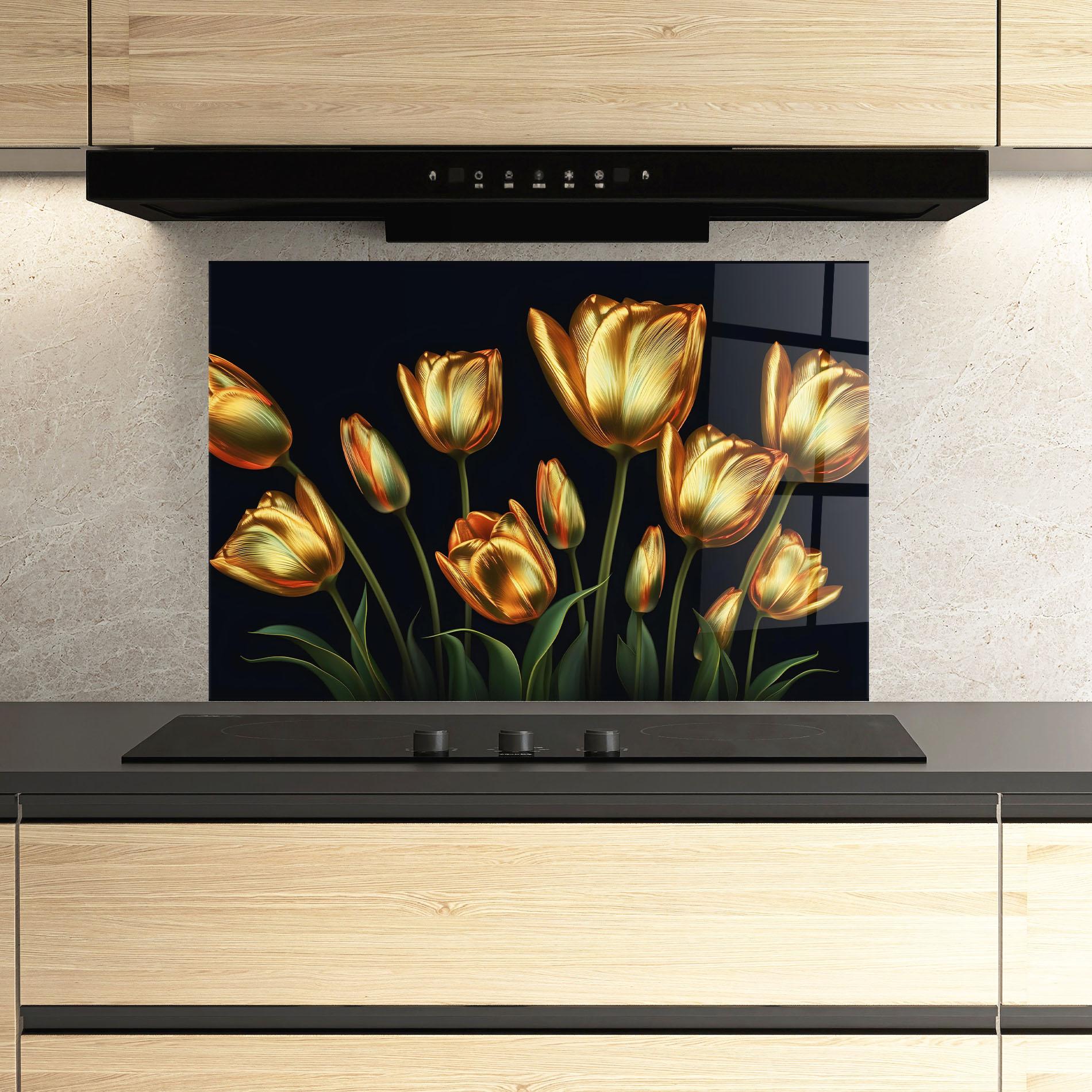 Panou Sticla Bucatarie Gold Pretty Tulips mockup 3