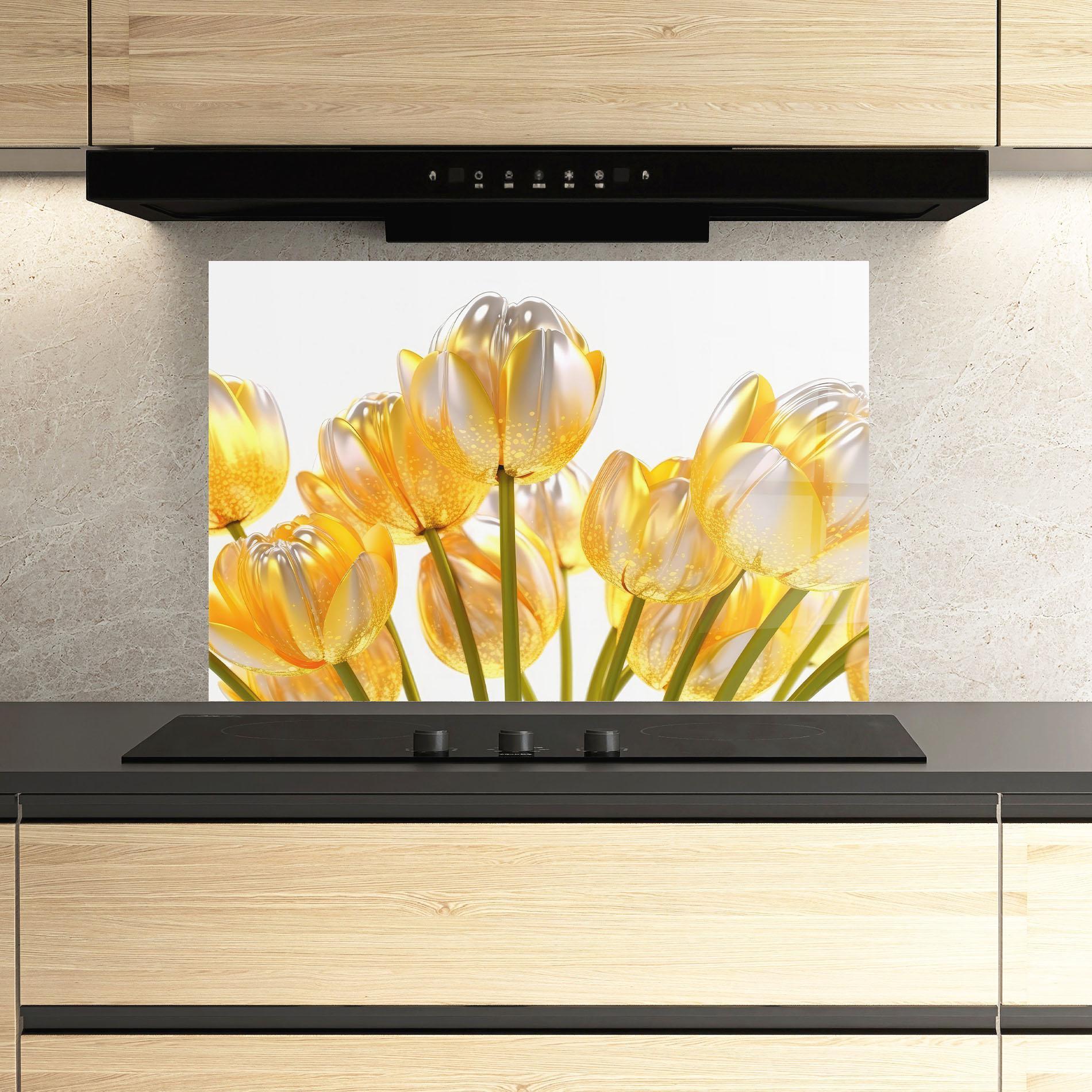 Panou Sticla Bucatarie Gold White Tulips mockup 3
