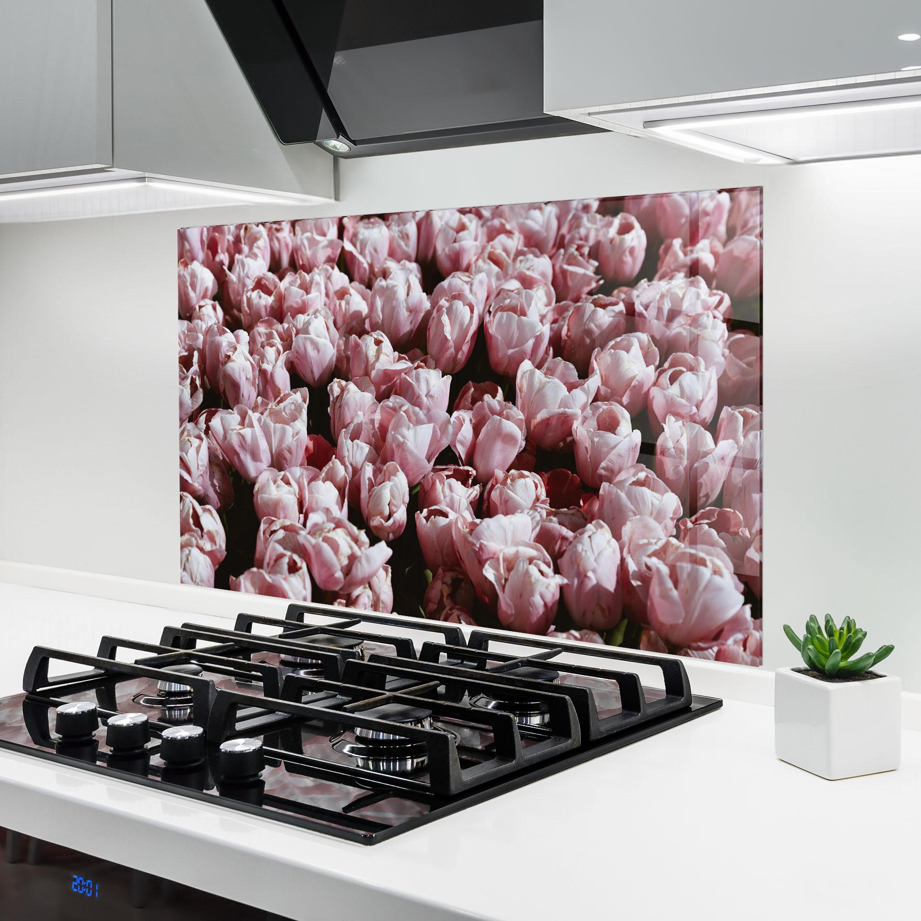 Panou Sticla Bucatarie Pastel Pink Tulips Wall mockup 6