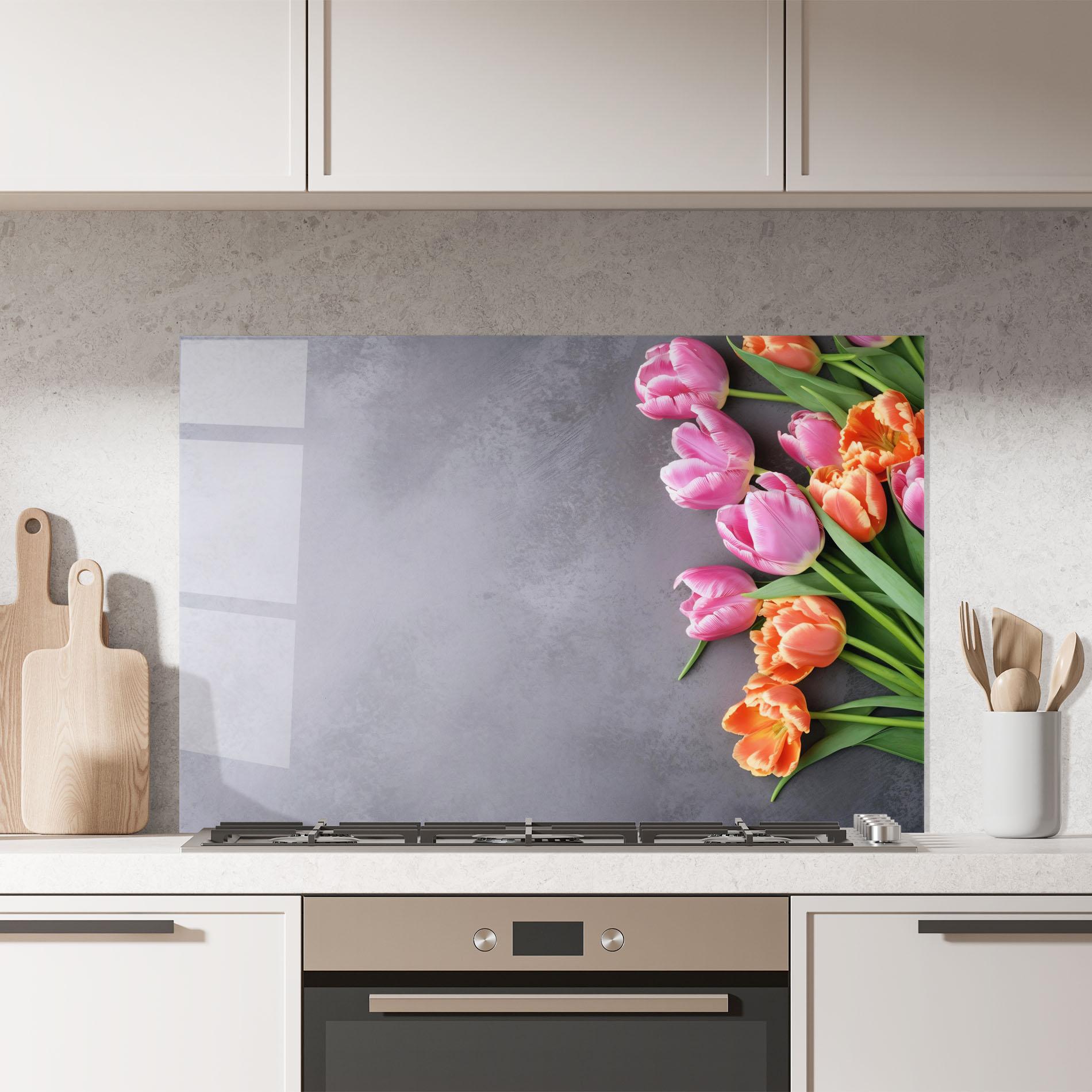 Panou Sticla Bucatarie Light Orange Pink Tulips mockup 7