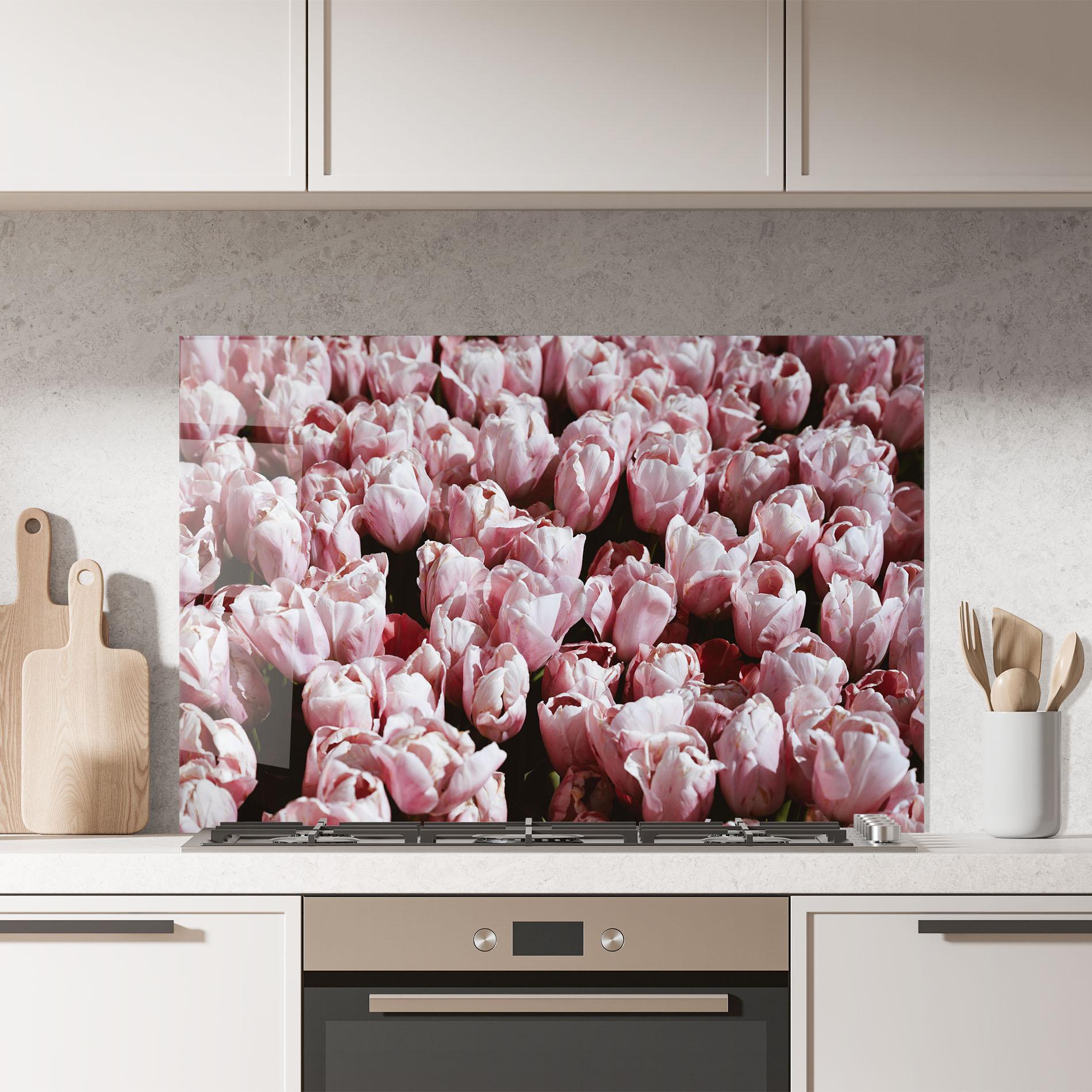 Panou Sticla Bucatarie Pastel Pink Tulips Wall mockup 7