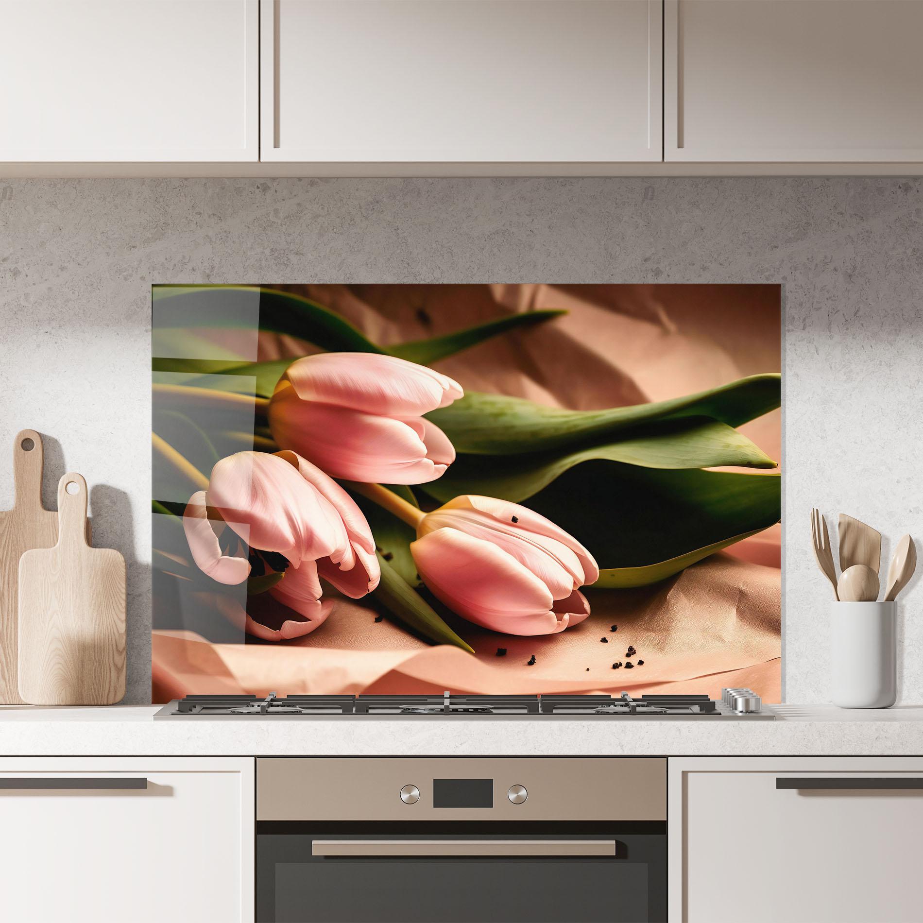 Panou Sticla Bucatarie Pink Tulips With Leafs mockup 7