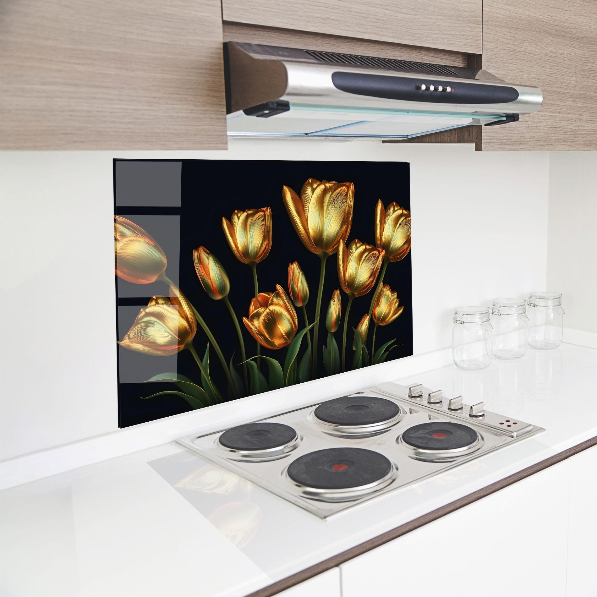 Panou Sticla Bucatarie Gold Pretty Tulips mockup 8