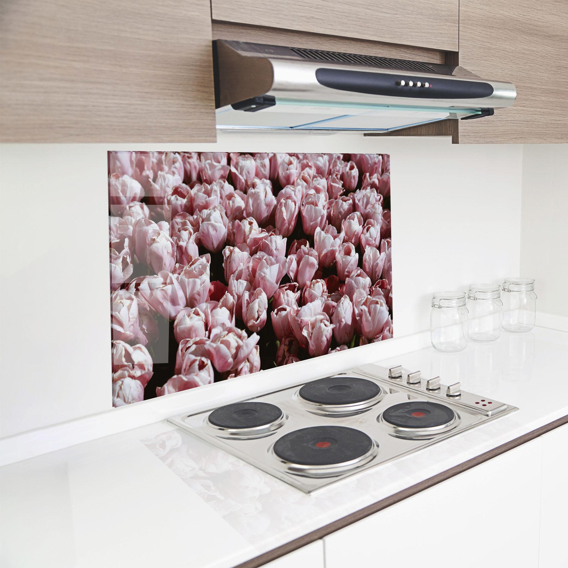 Panou Sticla Bucatarie Pastel Pink Tulips Wall mockup 8