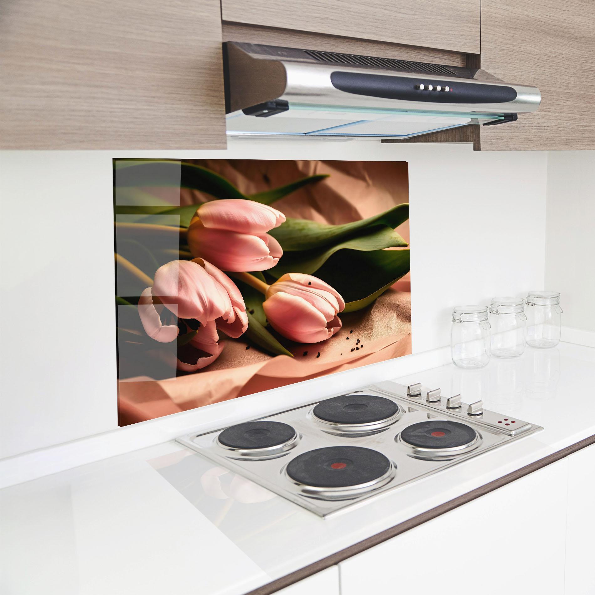 Panou Sticla Bucatarie Pink Tulips With Leafs mockup 8