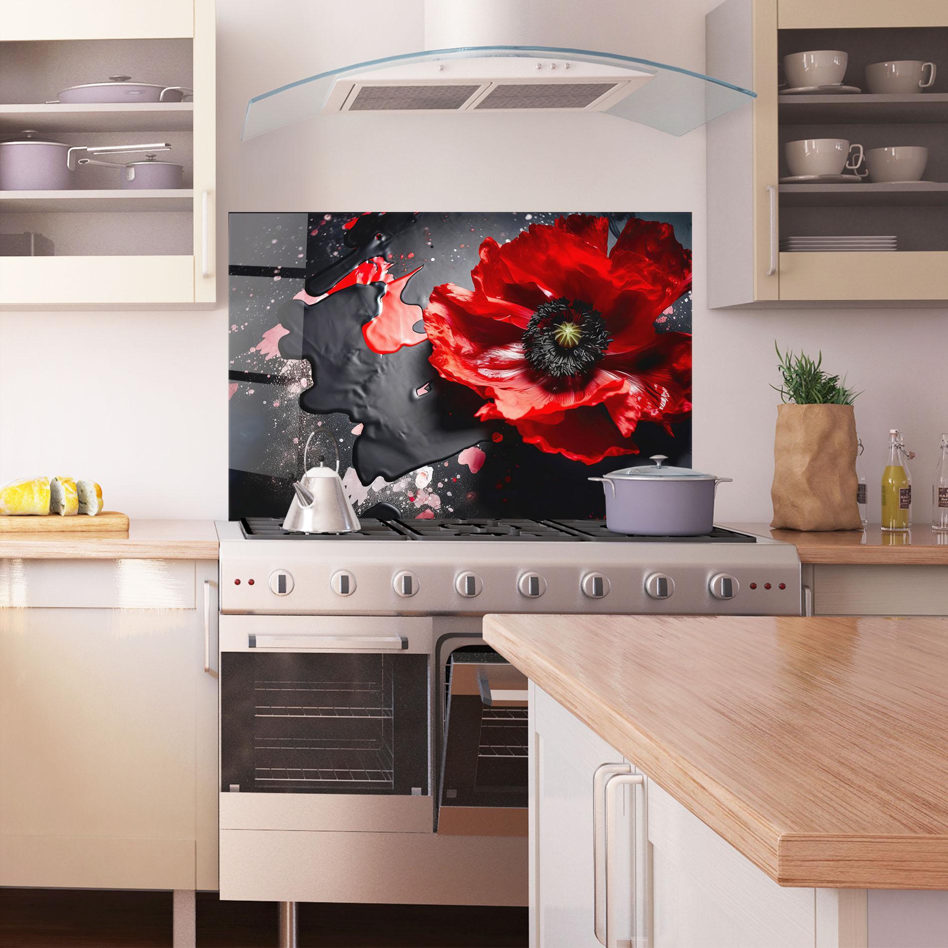 Panou Sticla Bucatarie Black Liquid Poppy mockup 1