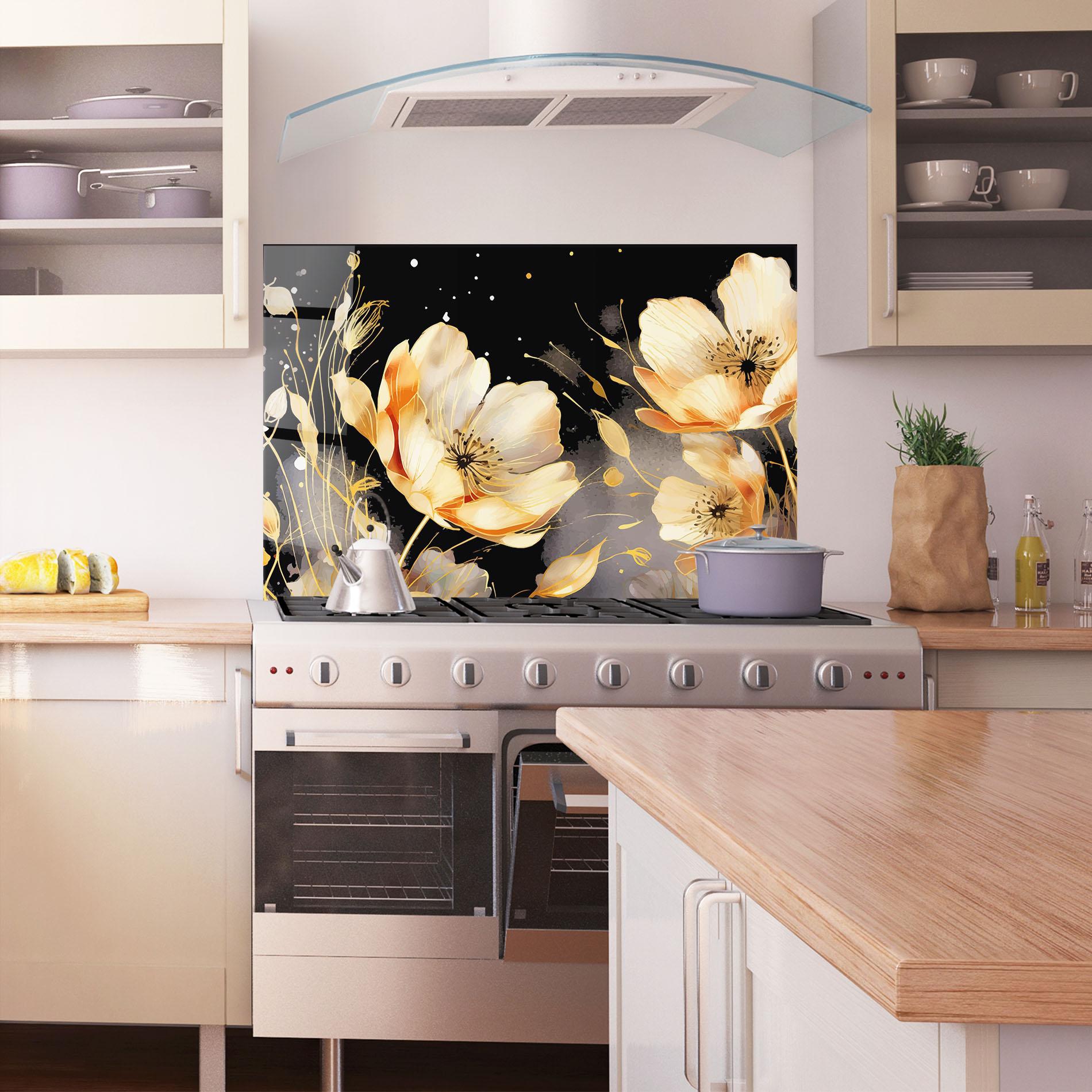 Panou Sticla Bucatarie Gold Poppy Black mockup 1