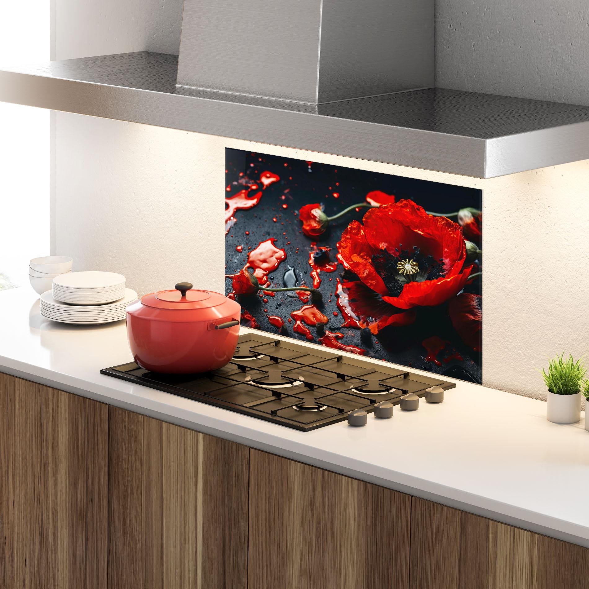 Panou Sticla Bucatarie Beautiful Red Poppy Liquid mockup 4