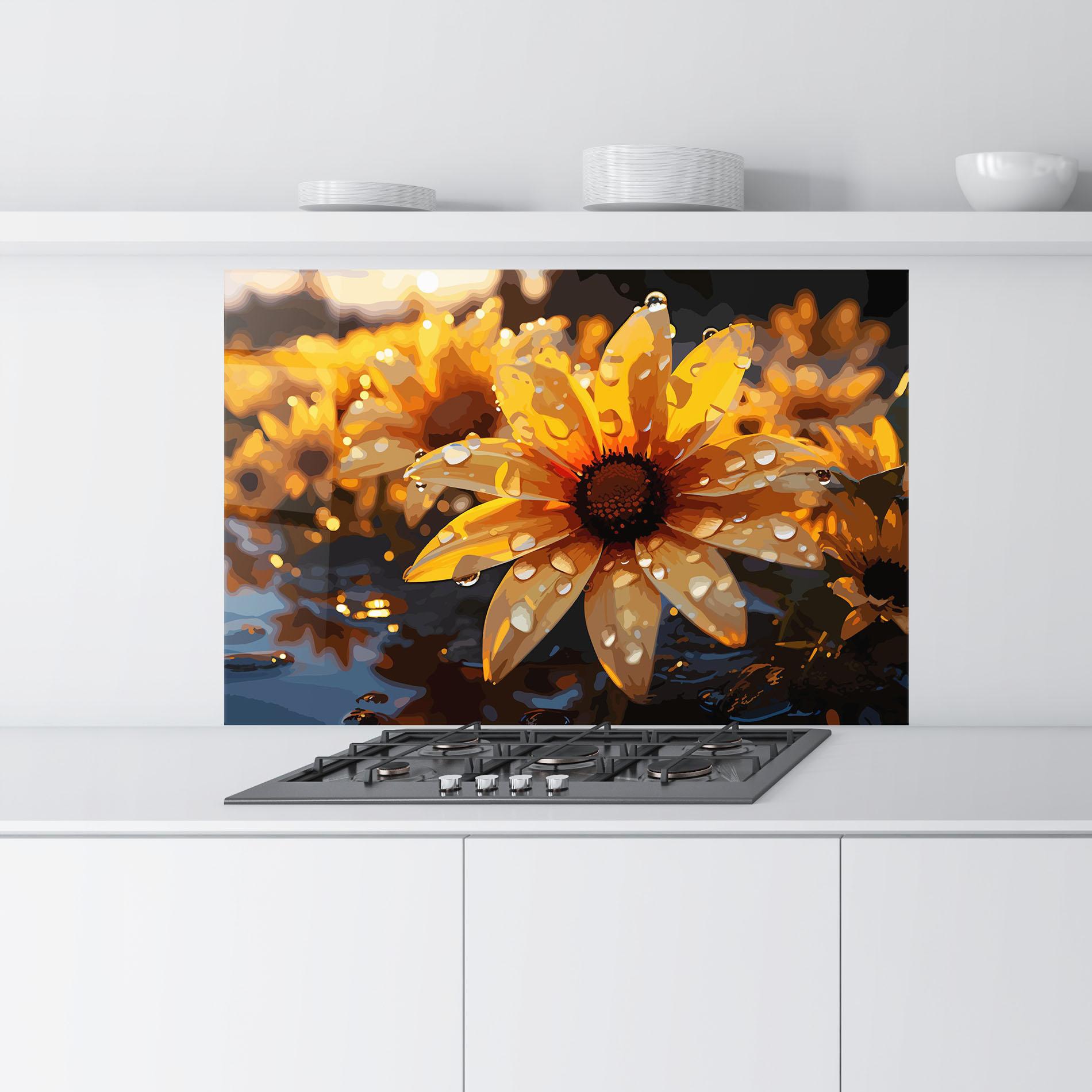 Panou Sticla Bucatarie Rainy Yellow Daisy mockup 9