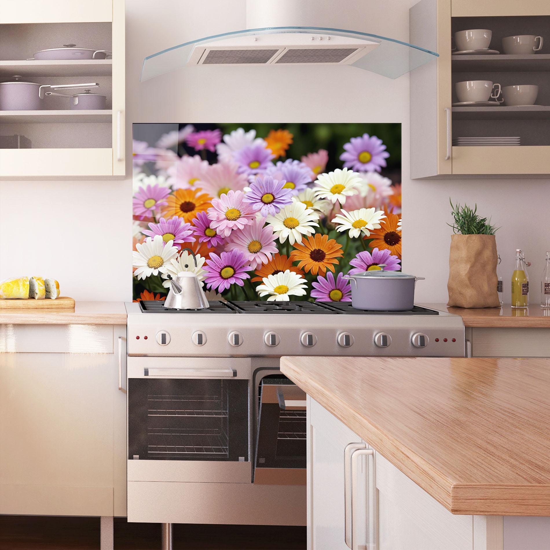 Panou Sticla Bucatarie Orange Purple Daisy Mix mockup 1