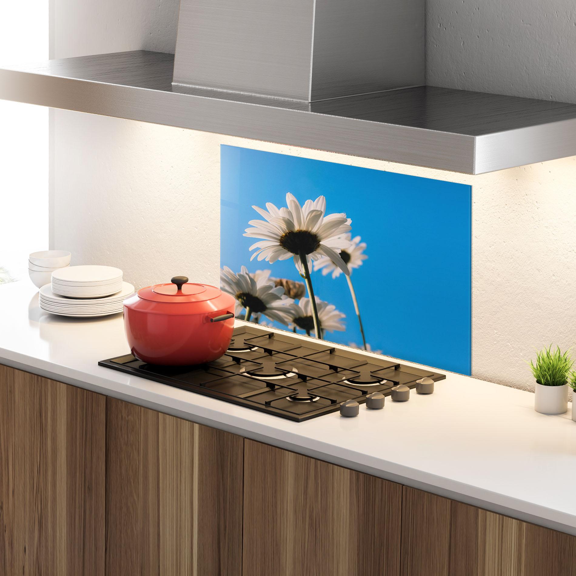 Panou Sticla Bucatarie Blue Sky Daisy mockup 4