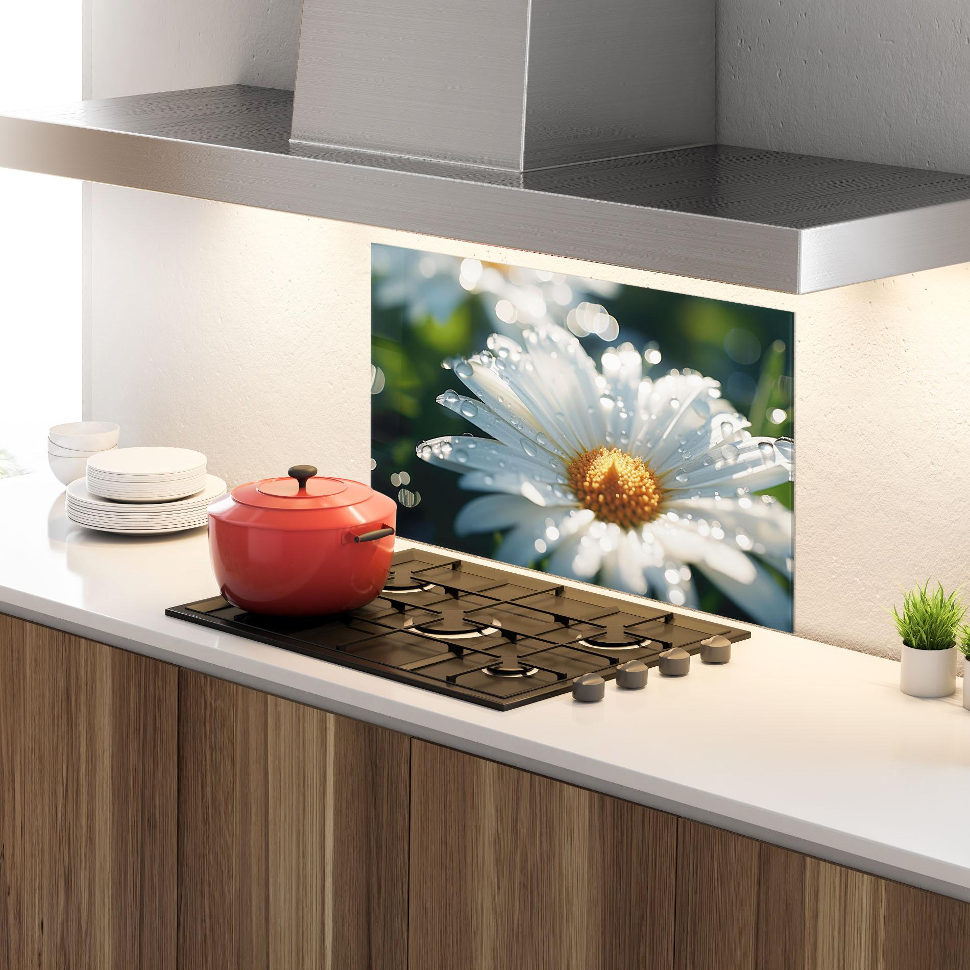 Panou Sticla Bucatarie Daisy After Rain Close Up mockup 4