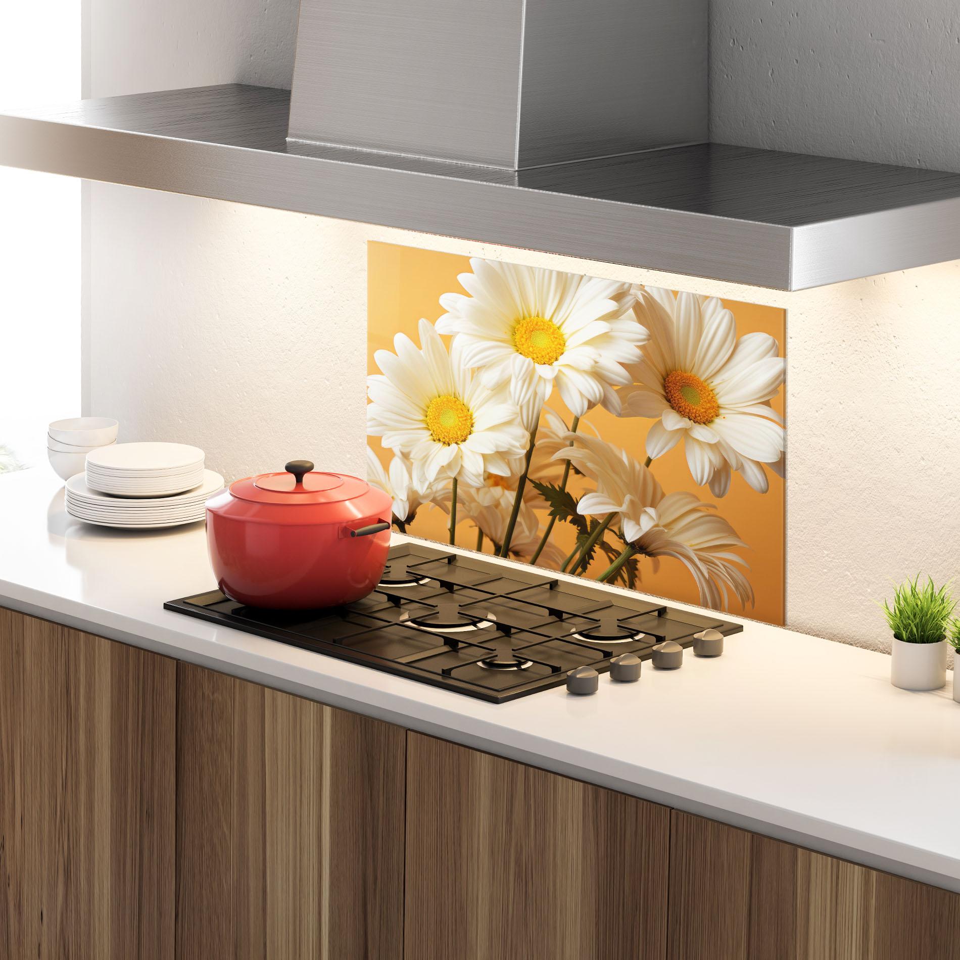 Panou Sticla Bucatarie Daisy On Orange mockup 4