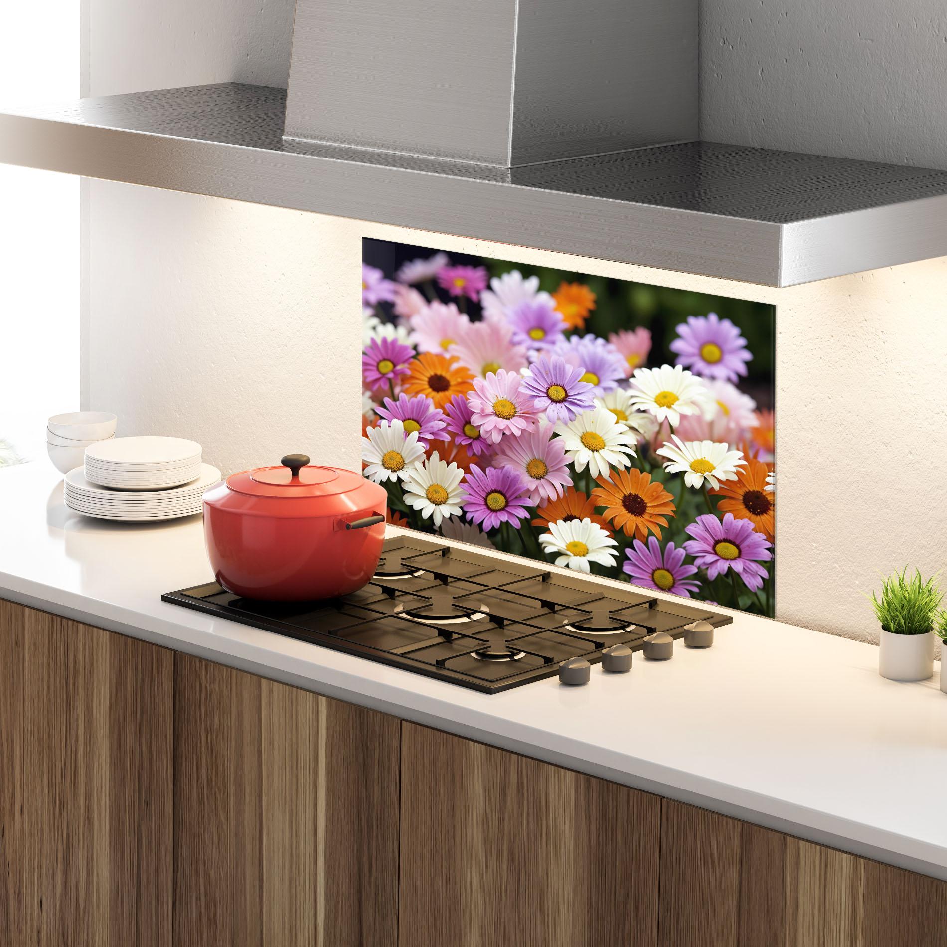 Panou Sticla Bucatarie Orange Purple Daisy Mix mockup 4