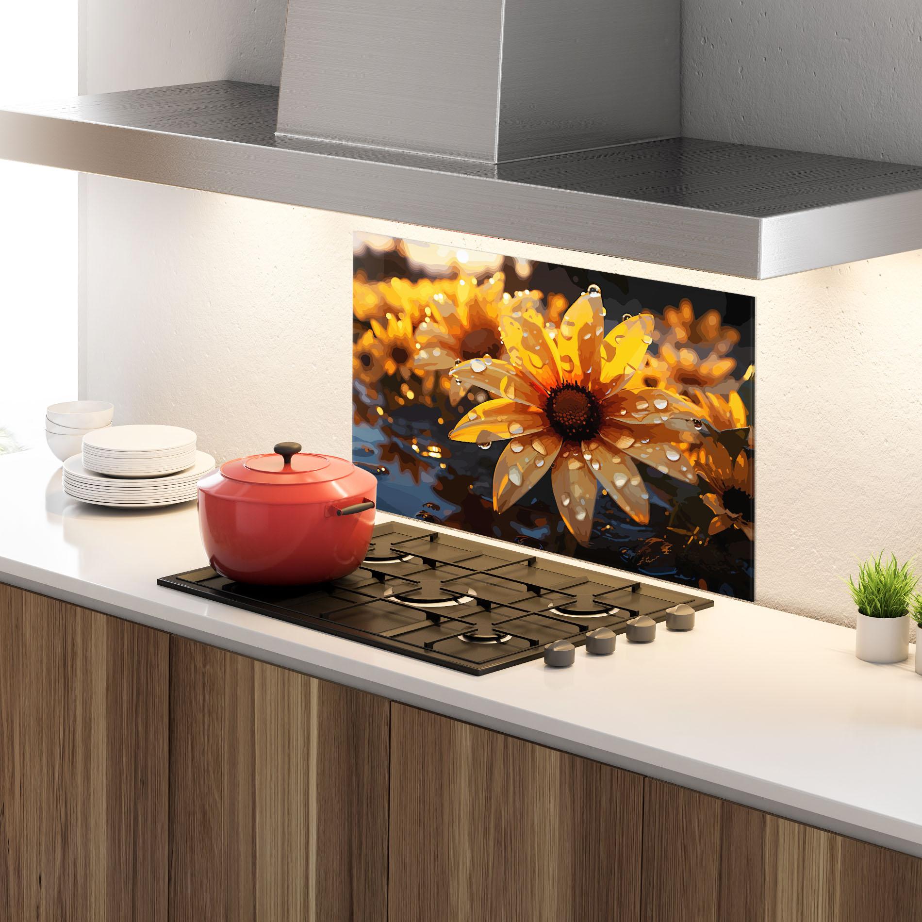 Panou Sticla Bucatarie Rainy Yellow Daisy mockup 4