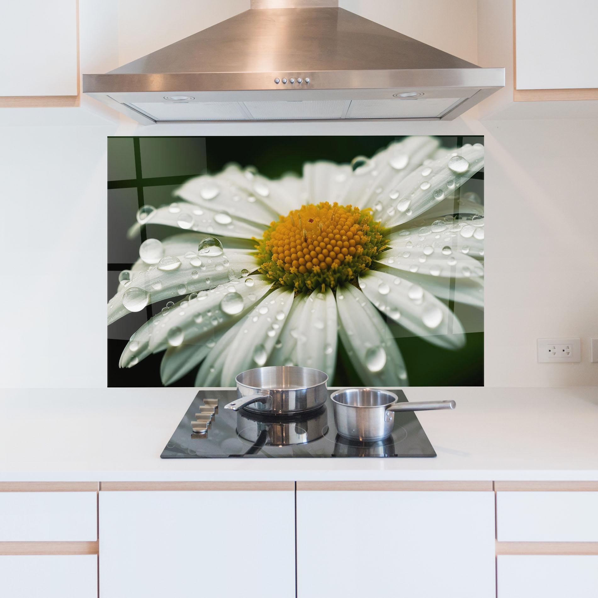 Panou Sticla Bucatarie Close Up Daisy After Rain mockup 5