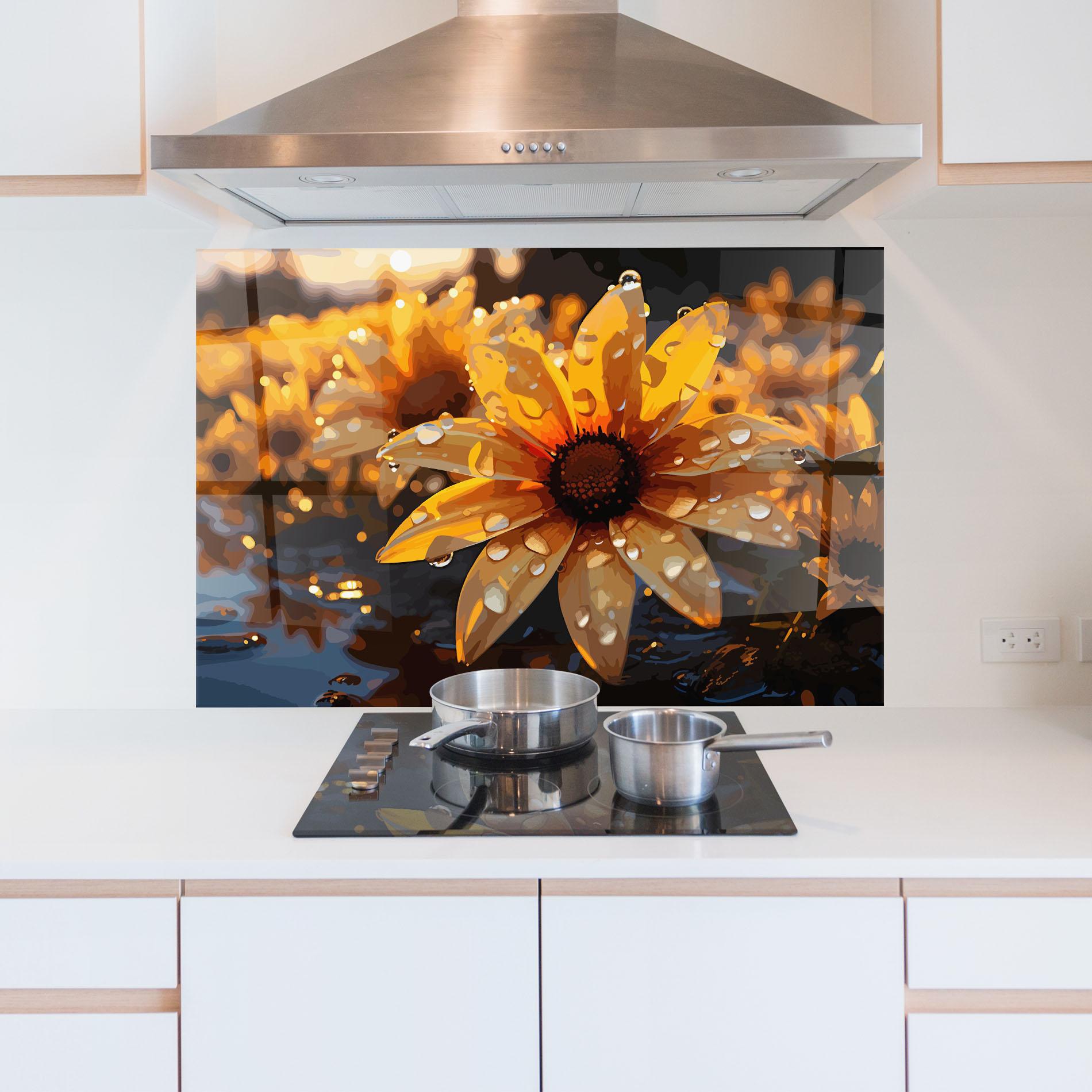 Panou Sticla Bucatarie Rainy Yellow Daisy mockup 5