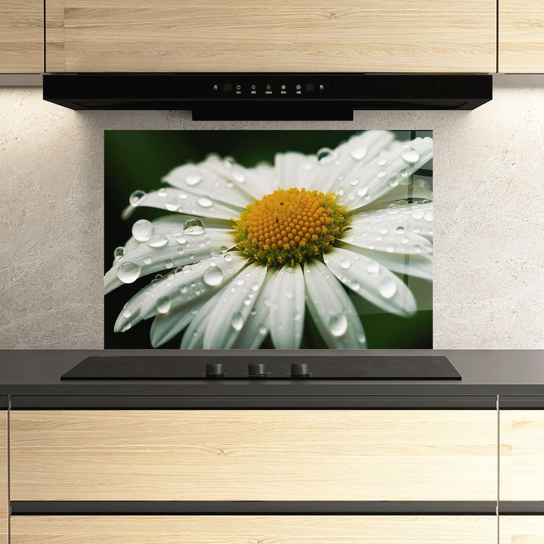 Panou Sticla Bucatarie Close Up Daisy After Rain mockup 3