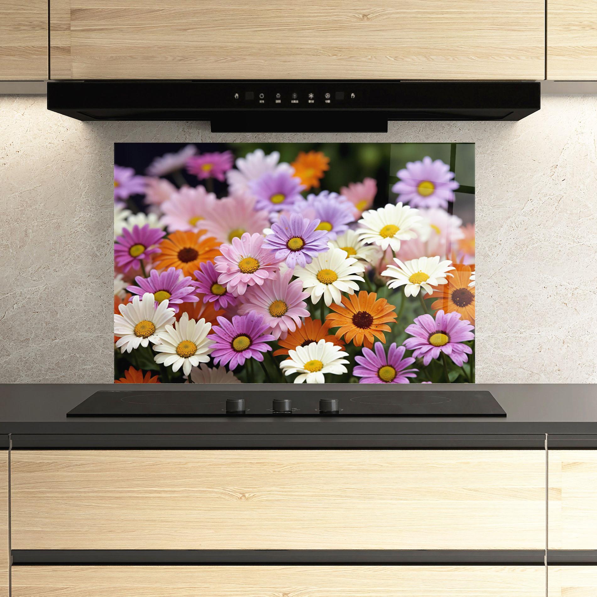 Panou Sticla Bucatarie Orange Purple Daisy Mix mockup 3