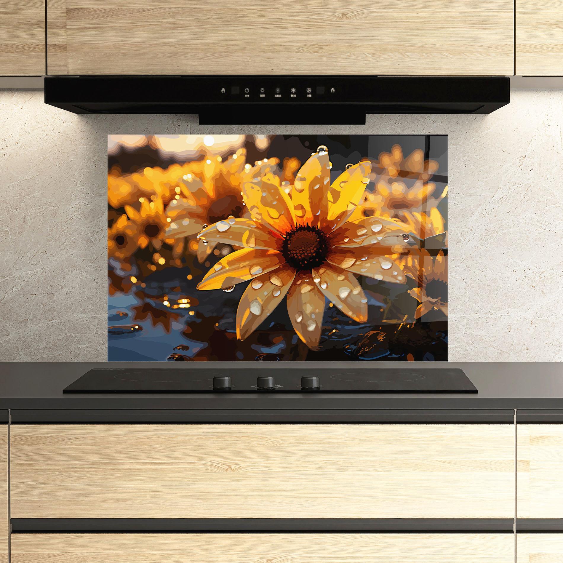 Panou Sticla Bucatarie Rainy Yellow Daisy mockup 3