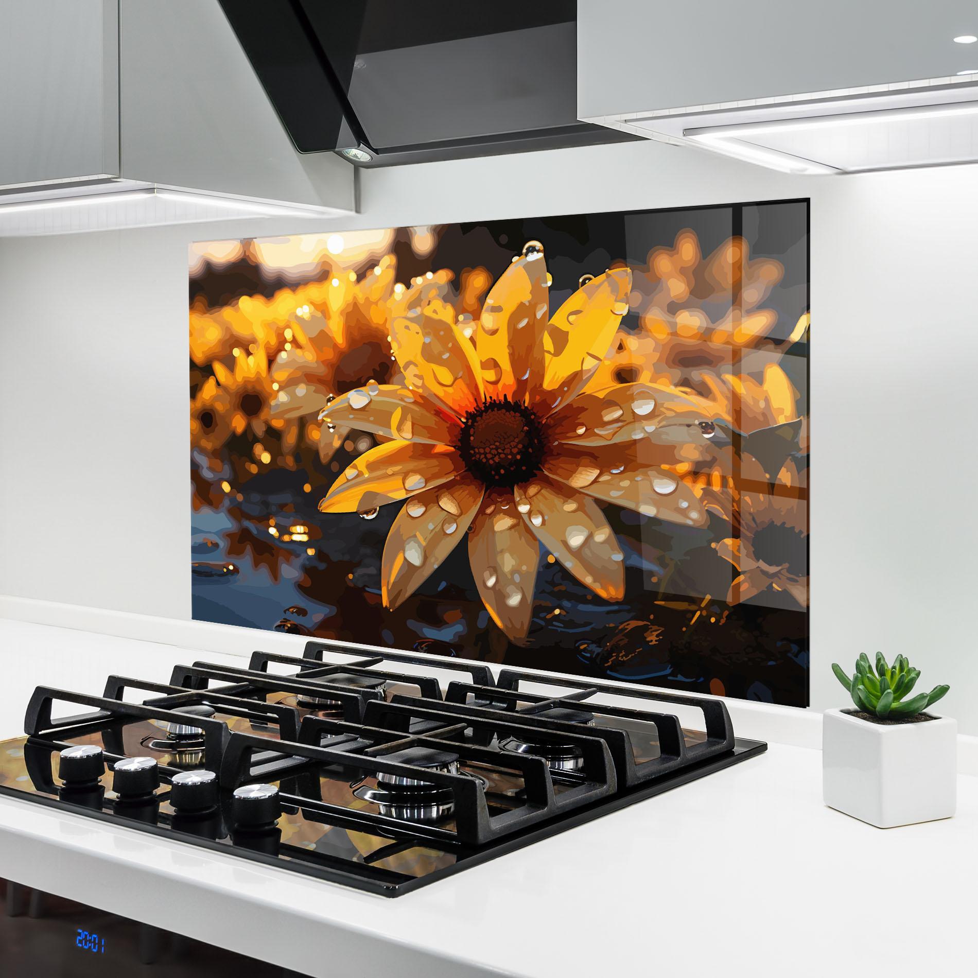 Panou Sticla Bucatarie Rainy Yellow Daisy mockup 6