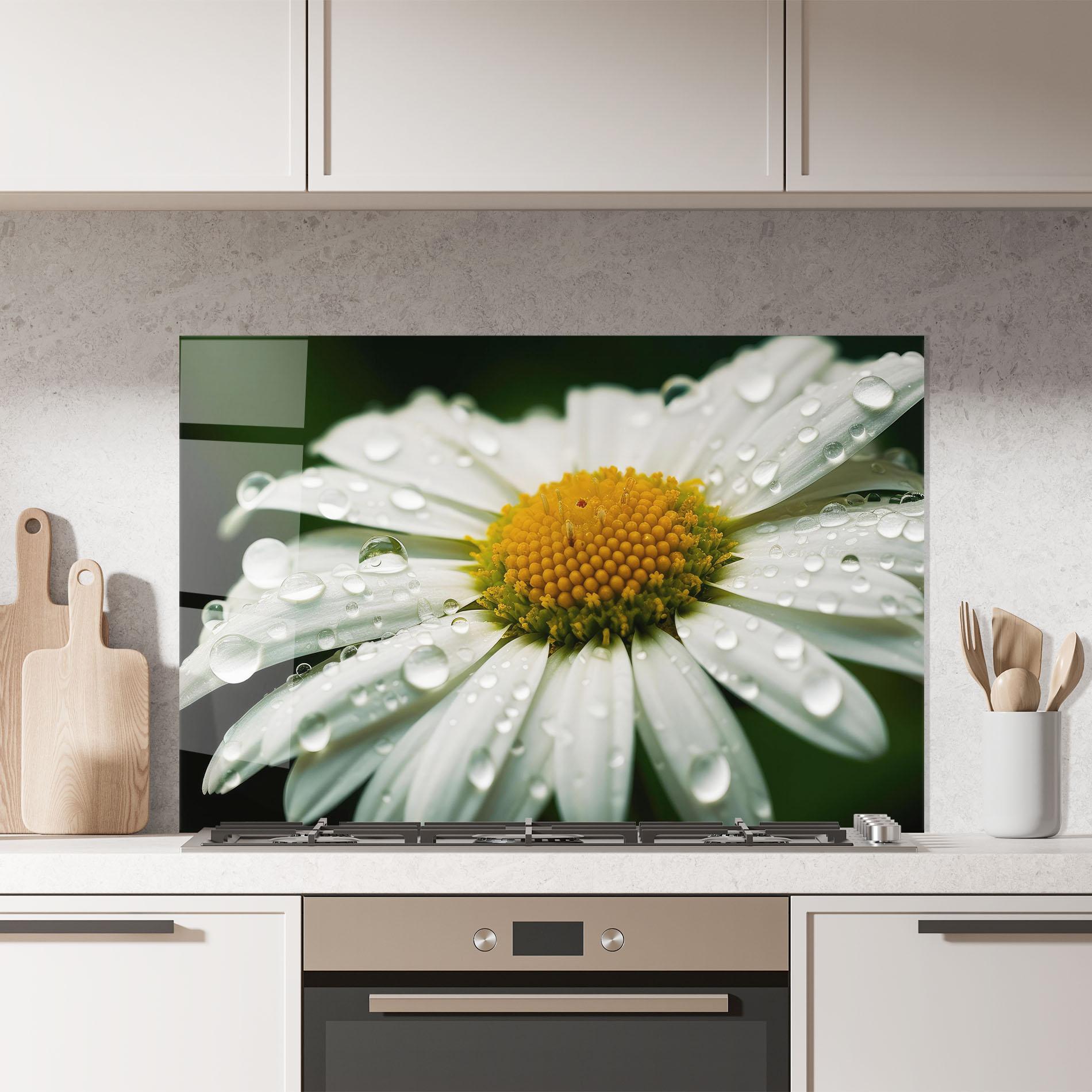 Panou Sticla Bucatarie Close Up Daisy After Rain mockup 7