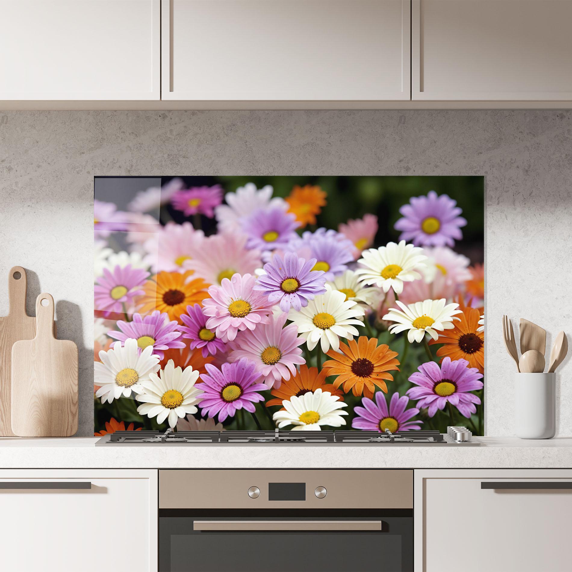 Panou Sticla Bucatarie Orange Purple Daisy Mix mockup 7