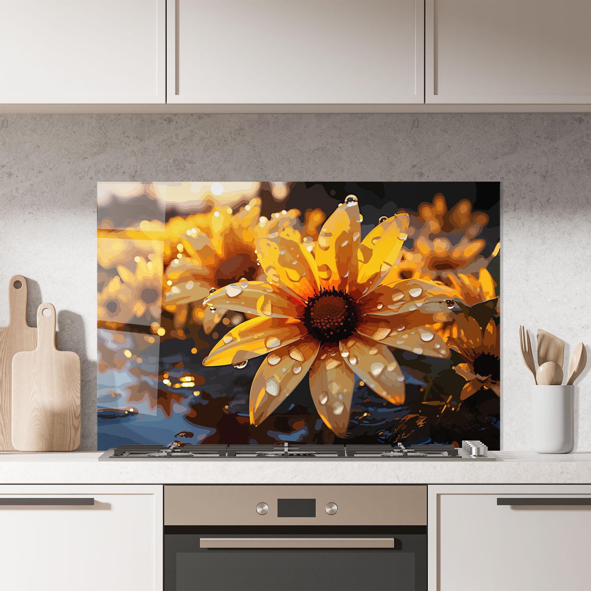 Panou Sticla Bucatarie Rainy Yellow Daisy mockup 7